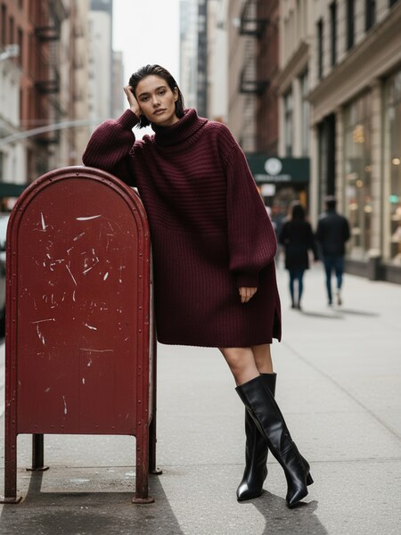 Paulina - Burgundy Turtleneck Long Sweater Look