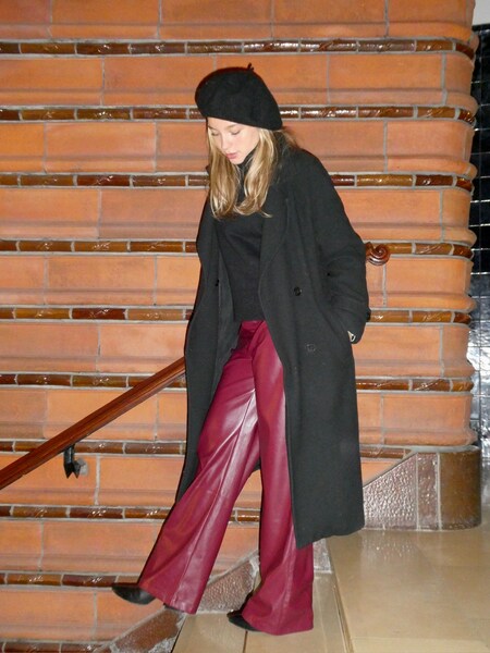 Emily - Red Leather Pants And Black Coat Look