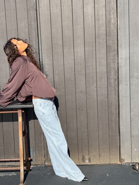 Charlotte - Brown Rain Jacket And Wide Leg Jeans Look