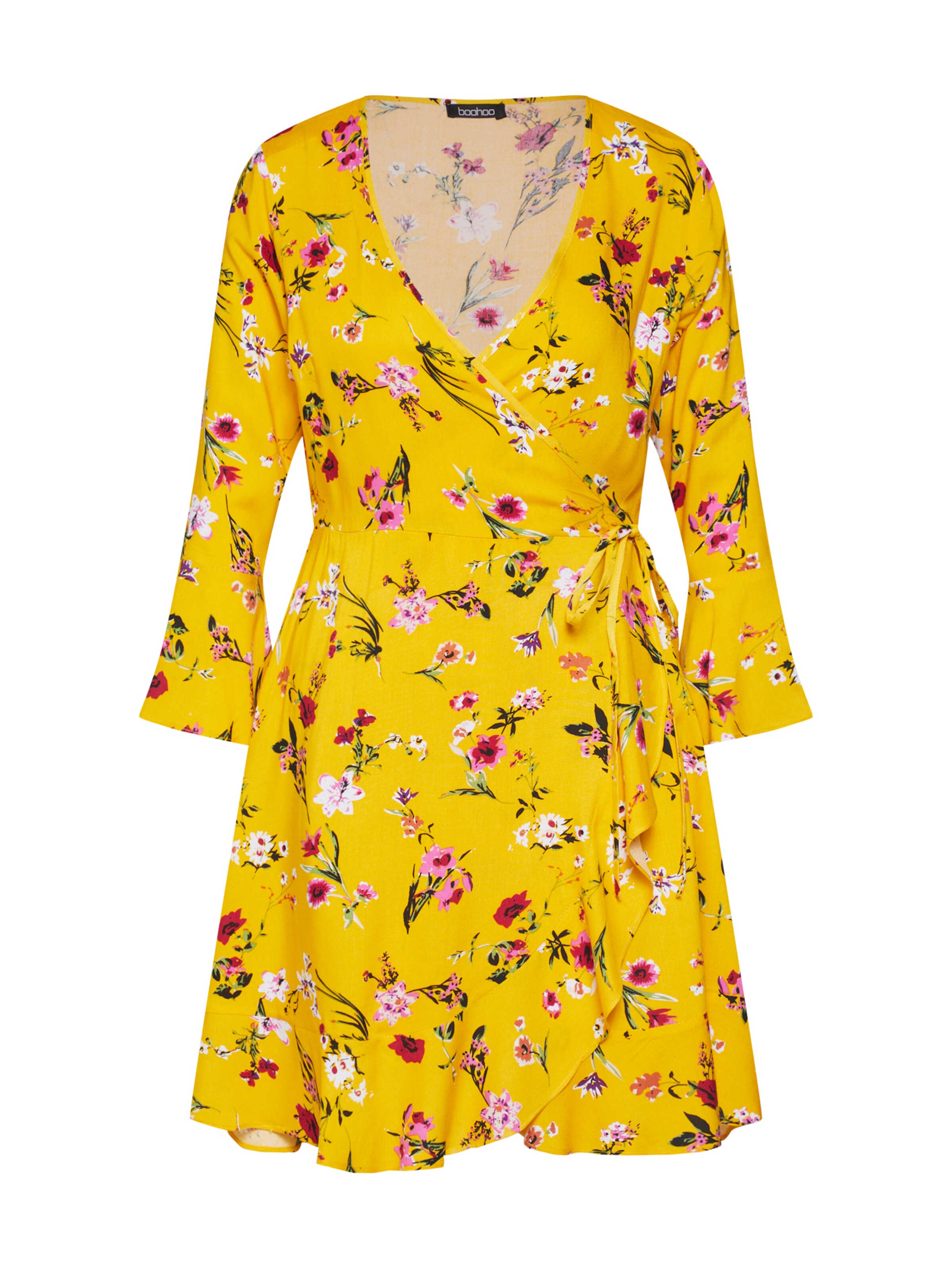 Boohoo - Zomerjurk 'FLORAL WRAP' in de kleur Geel