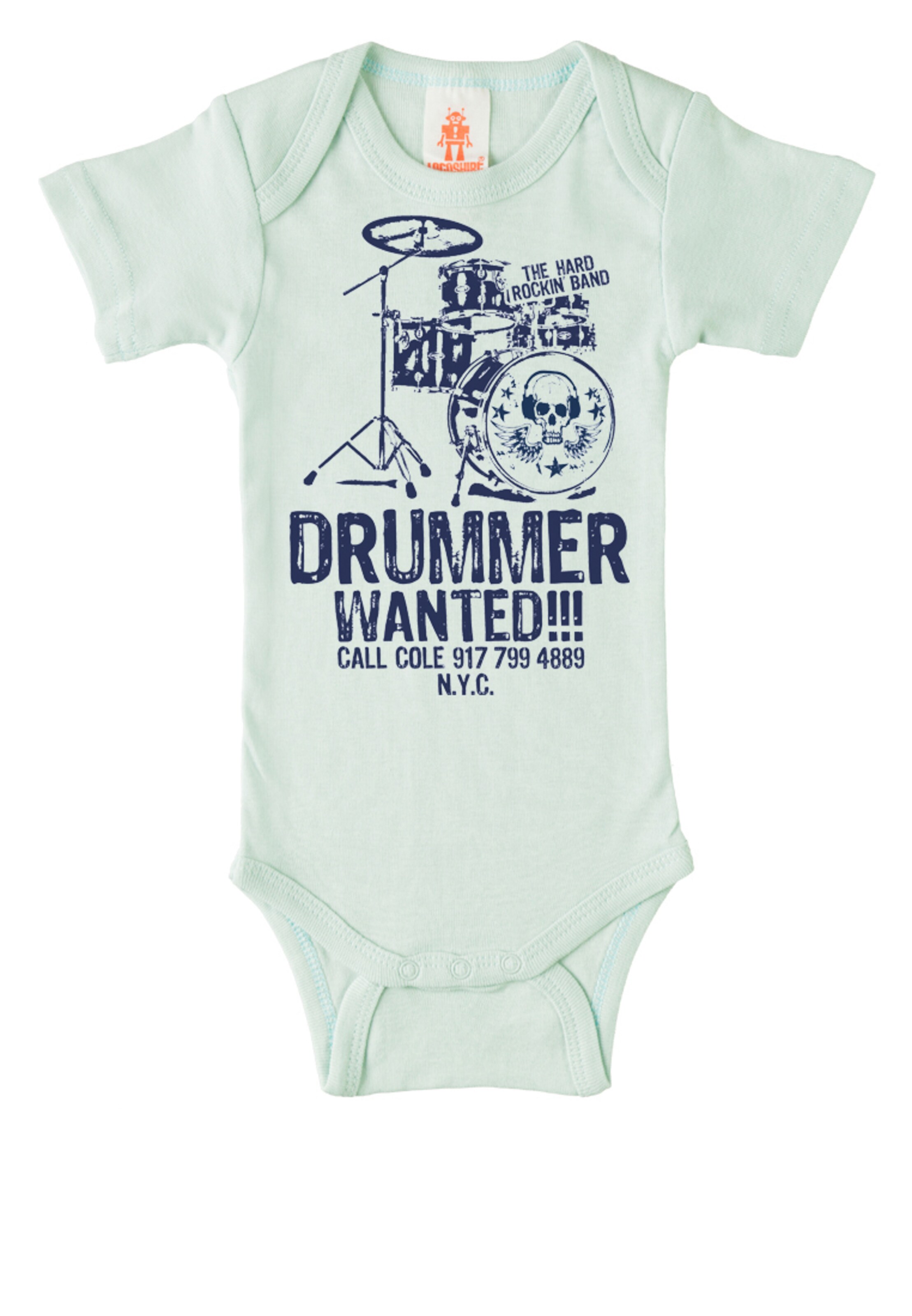 LOGOSHIRT Romper/bodysuit 'Drummer Wanted-Print' in Green: front