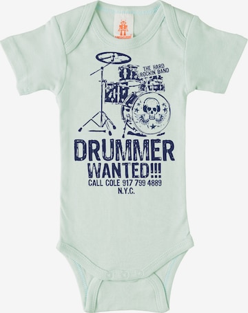 LOGOSHIRT Baby-Body 'Drummer Wanted-Print' in Grün: predná strana
