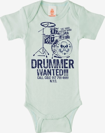 LOGOSHIRT Rompertje/body 'Drummer Wanted-Print' in Groen: voorkant