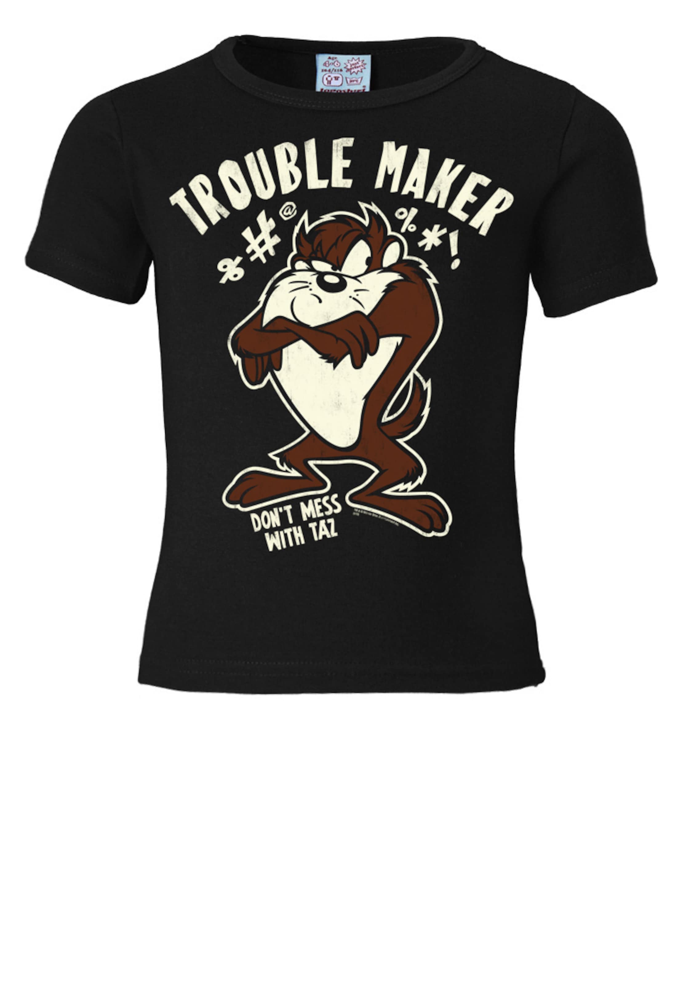 LOGOSHIRT Shirt 'Tasmanischer Teufel Taz - Looney Tunes' in Zwart: voorkant