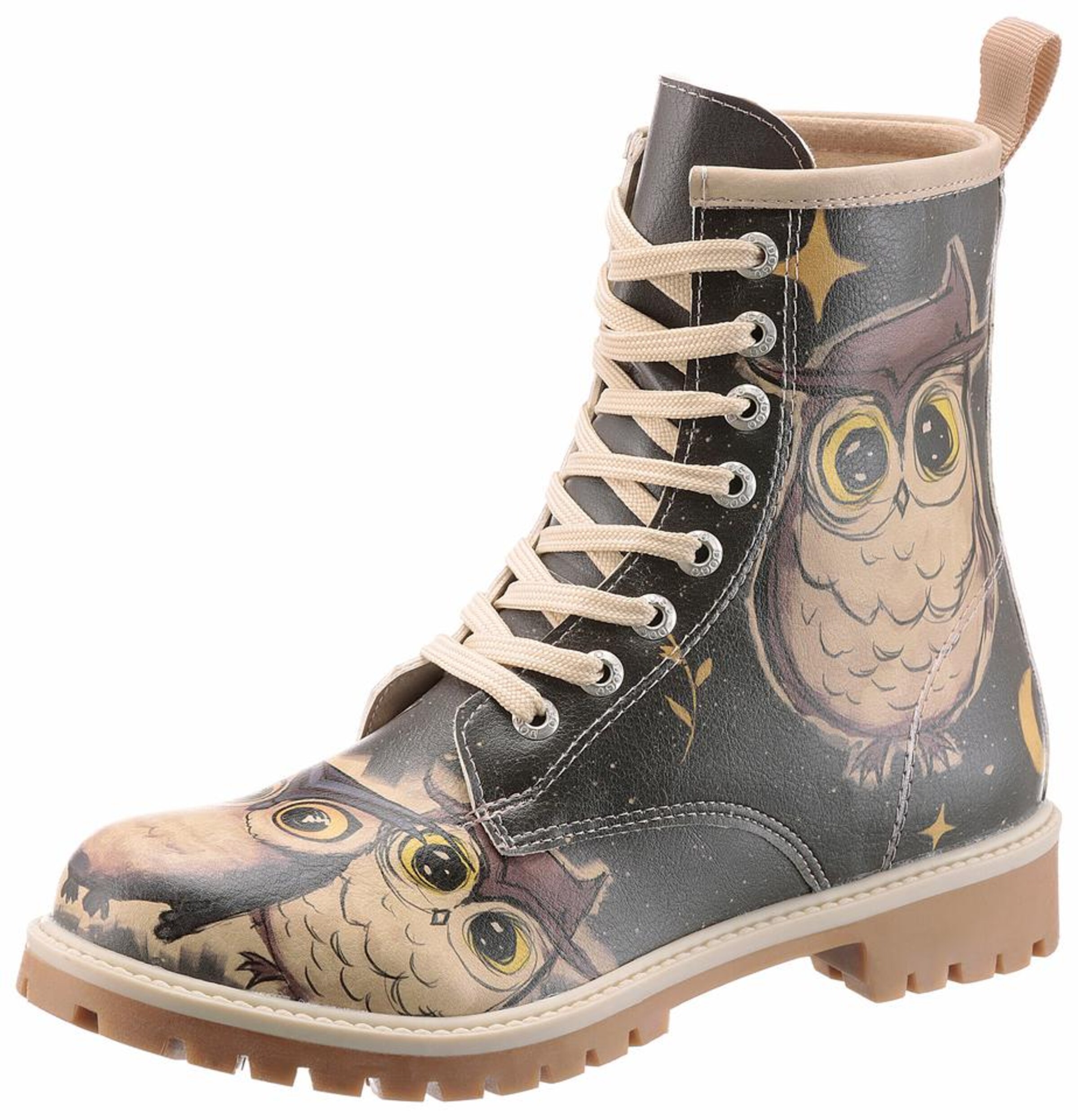 DOGO Lace-Up Ankle Boots 'Owls Family' in Grey: front