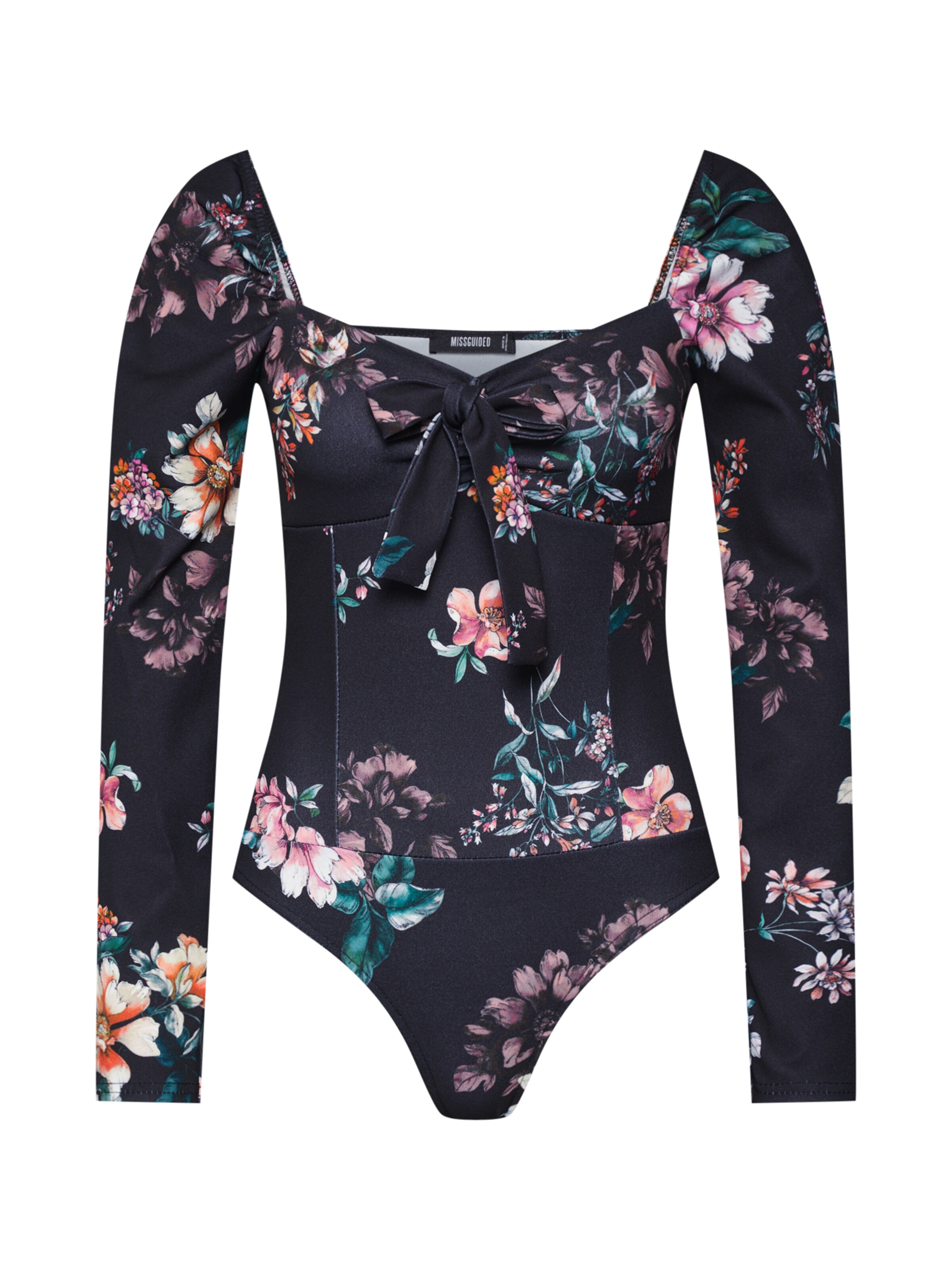 Missguided - Shirt 'FLORAL MILKMAID LONG SLEEVE BODYSUIT' in de kleur Zwart
