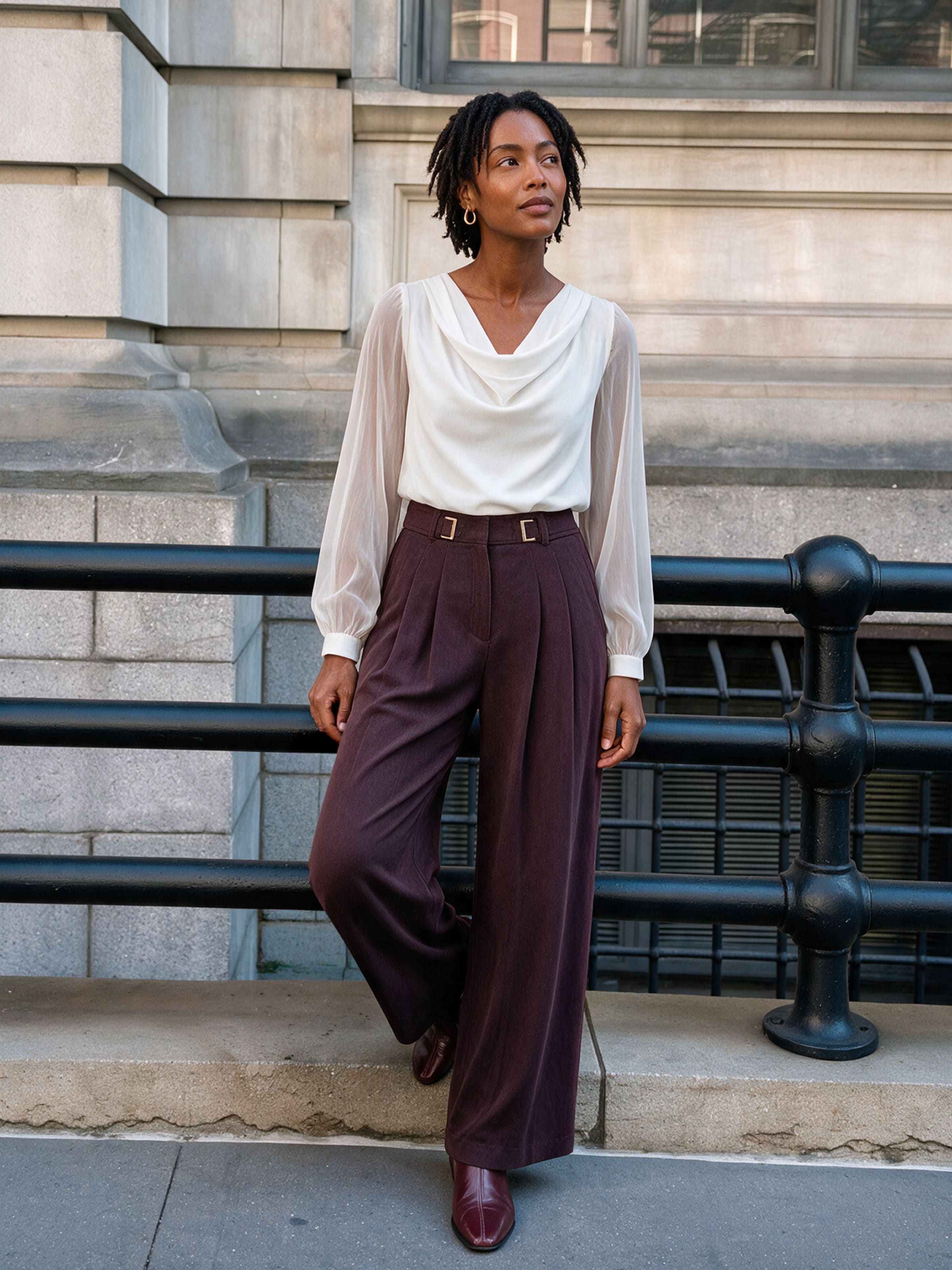 The AY Style Collective - Sheer White Blouse Plum Pants Look