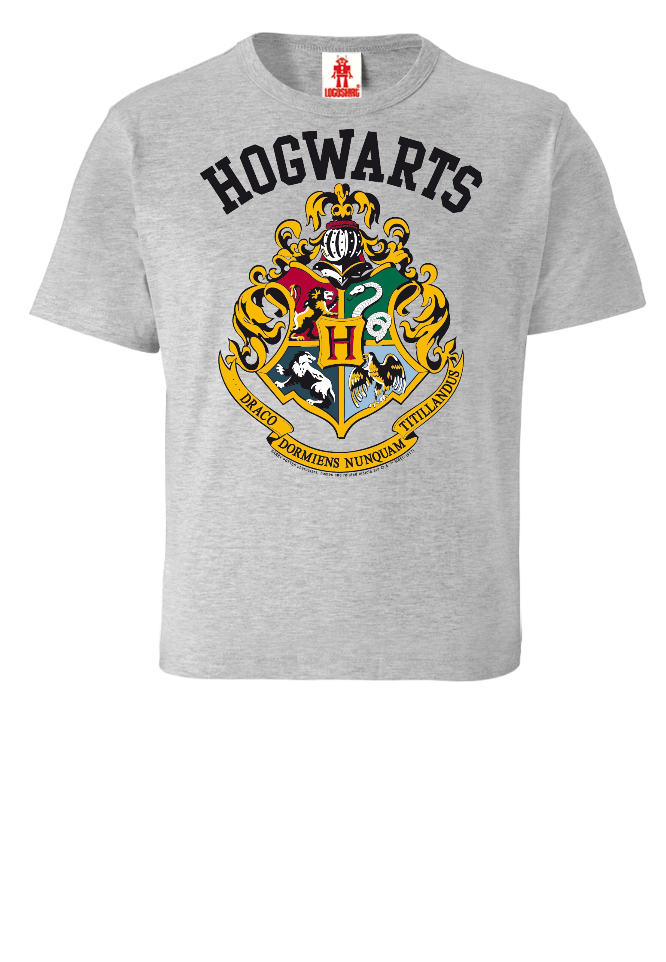 LOGOSHIRT Shirt 'Hogwarts' in Grey: front
