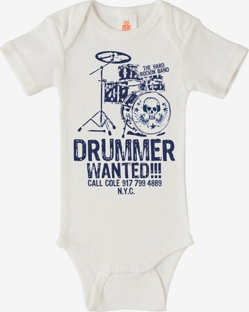 LOGOSHIRT Rompertje/body 'Drummer Wanted' in Wit: voorkant