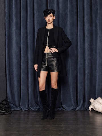 Edgy Black Coat Leather Shorts Look by Guido Maria Kretschmer
