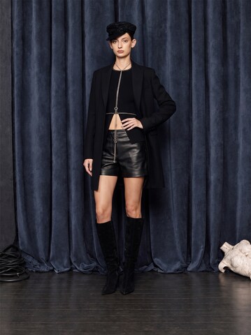 Edgy Black Coat Leather Shorts Look by Guido Maria Kretschmer