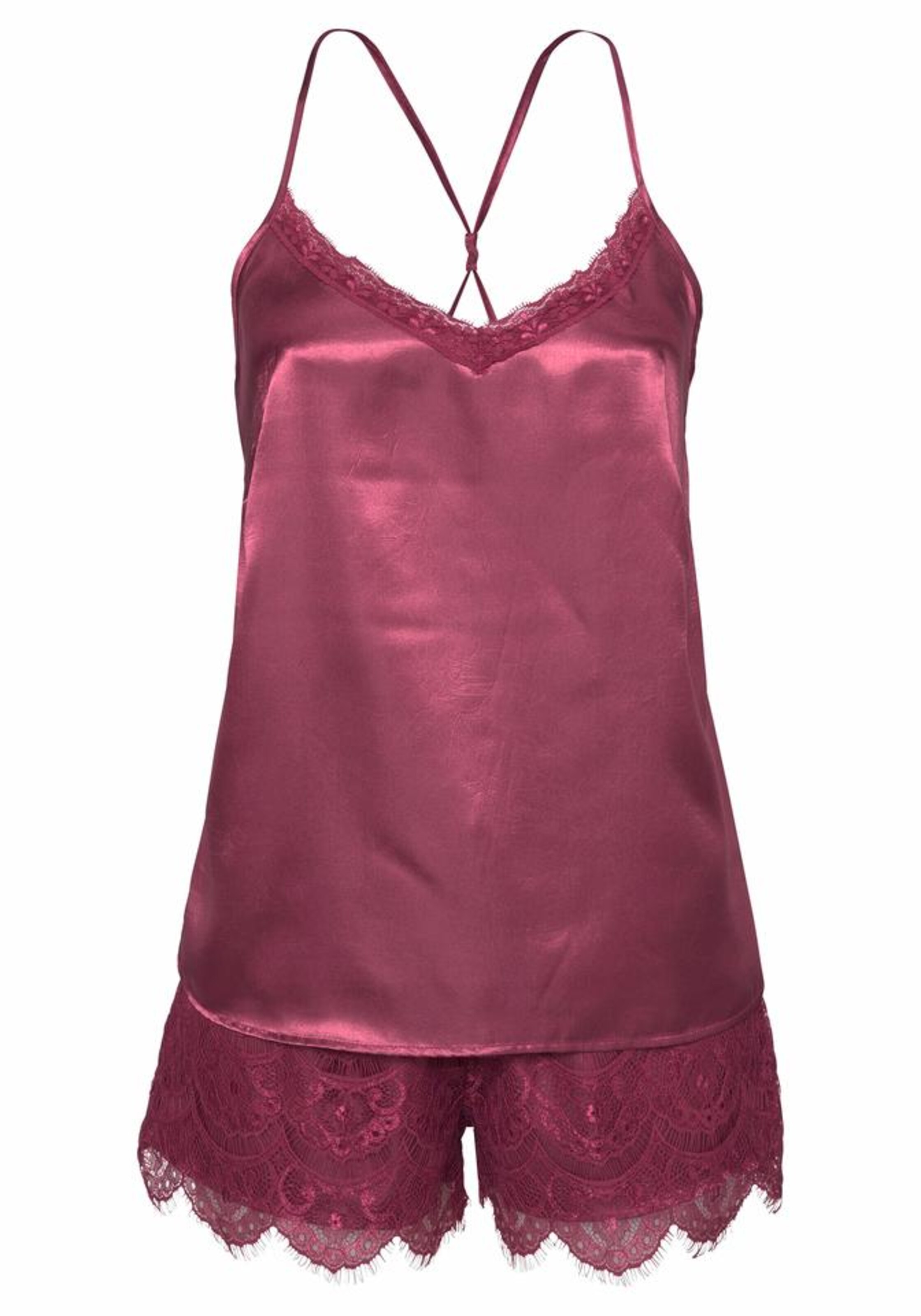 LASCANA - Satin-Shorty mit Spitzen Shorts und Trägertop in weinrot