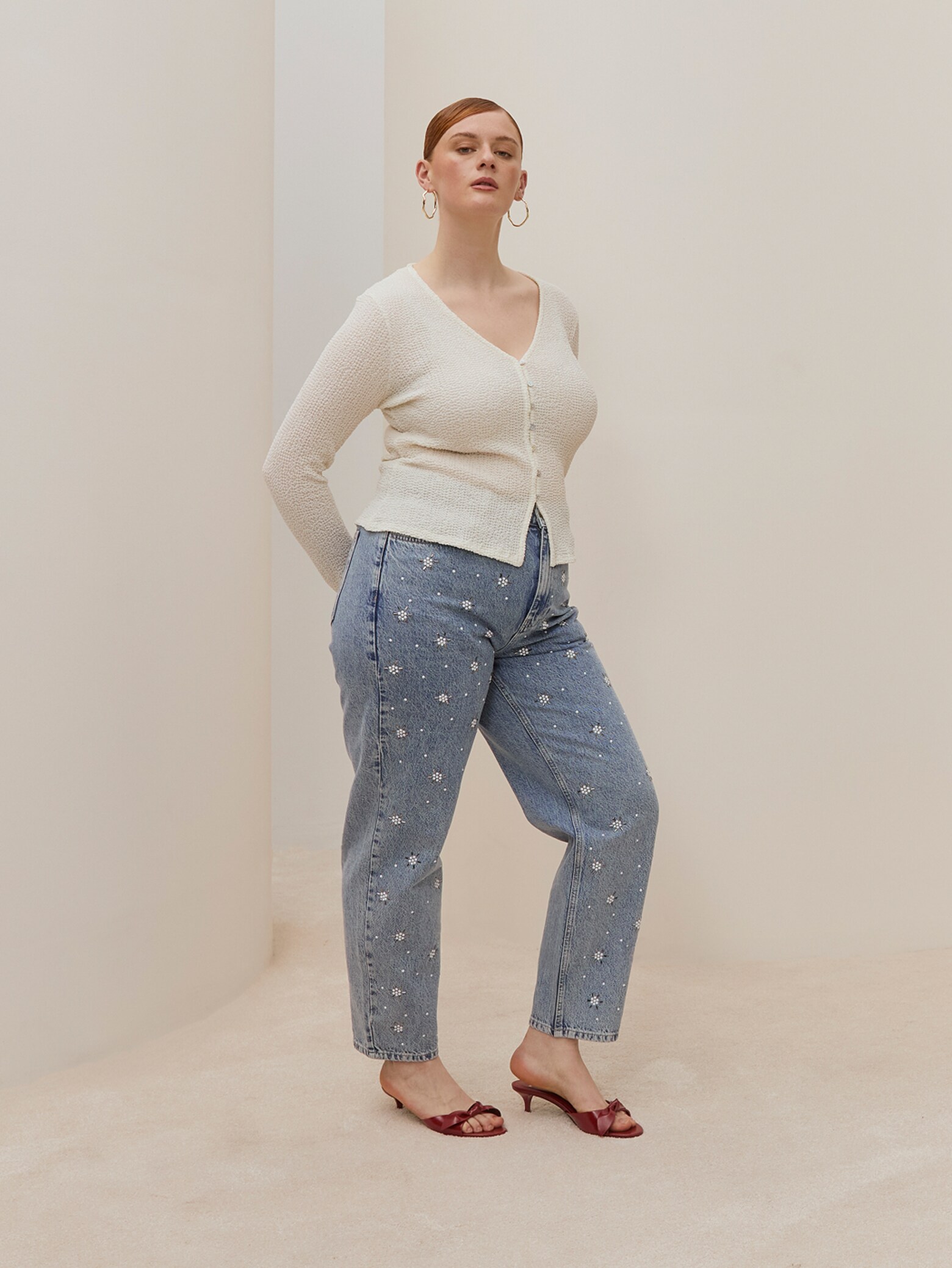 Jasmine - Blue Denim and Cream Knit Top Look