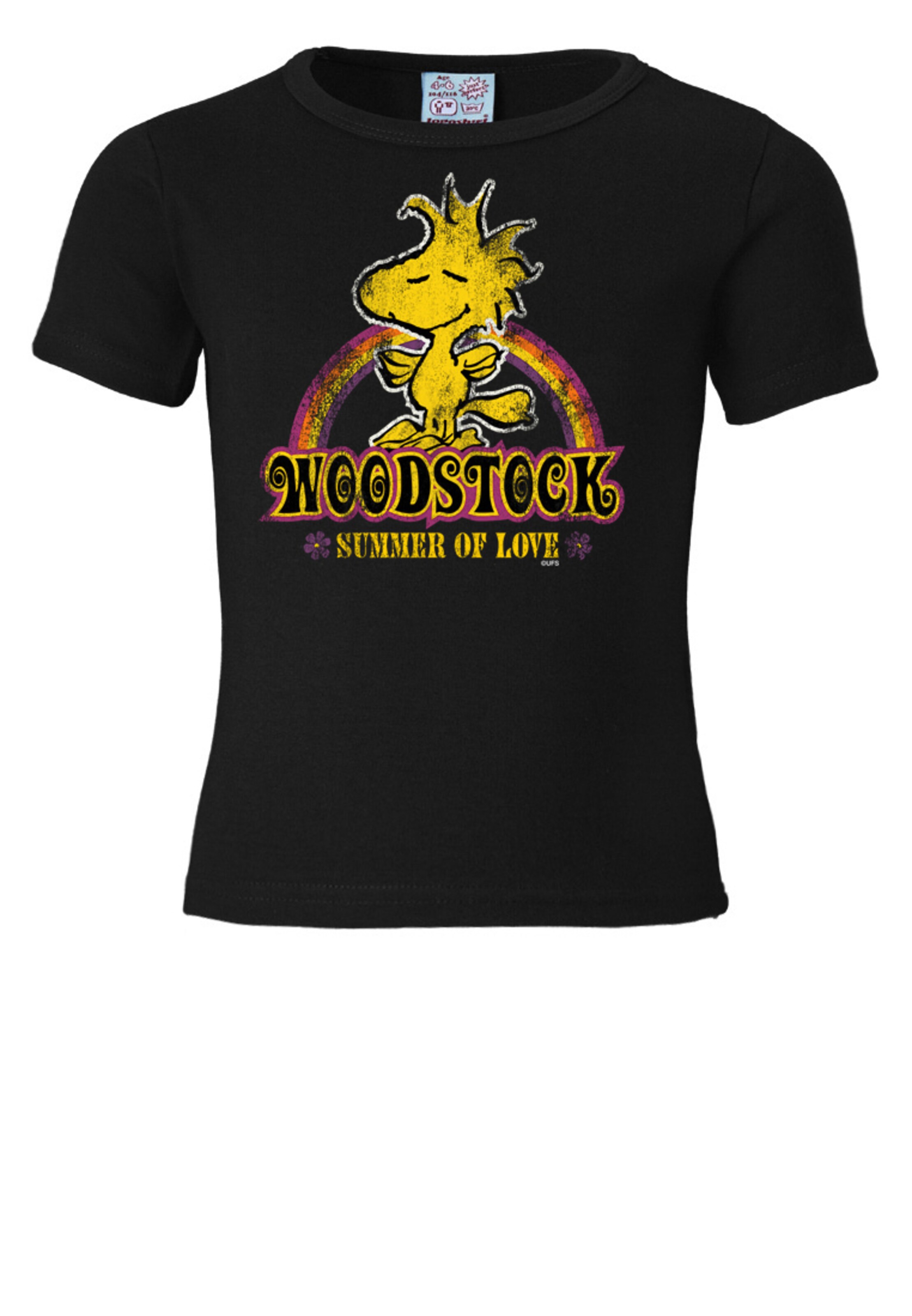 LOGOSHIRT T-Shirt Woodstock - Snoopy Peanuts - Summer Of Love in Schwarz: Vorderseite