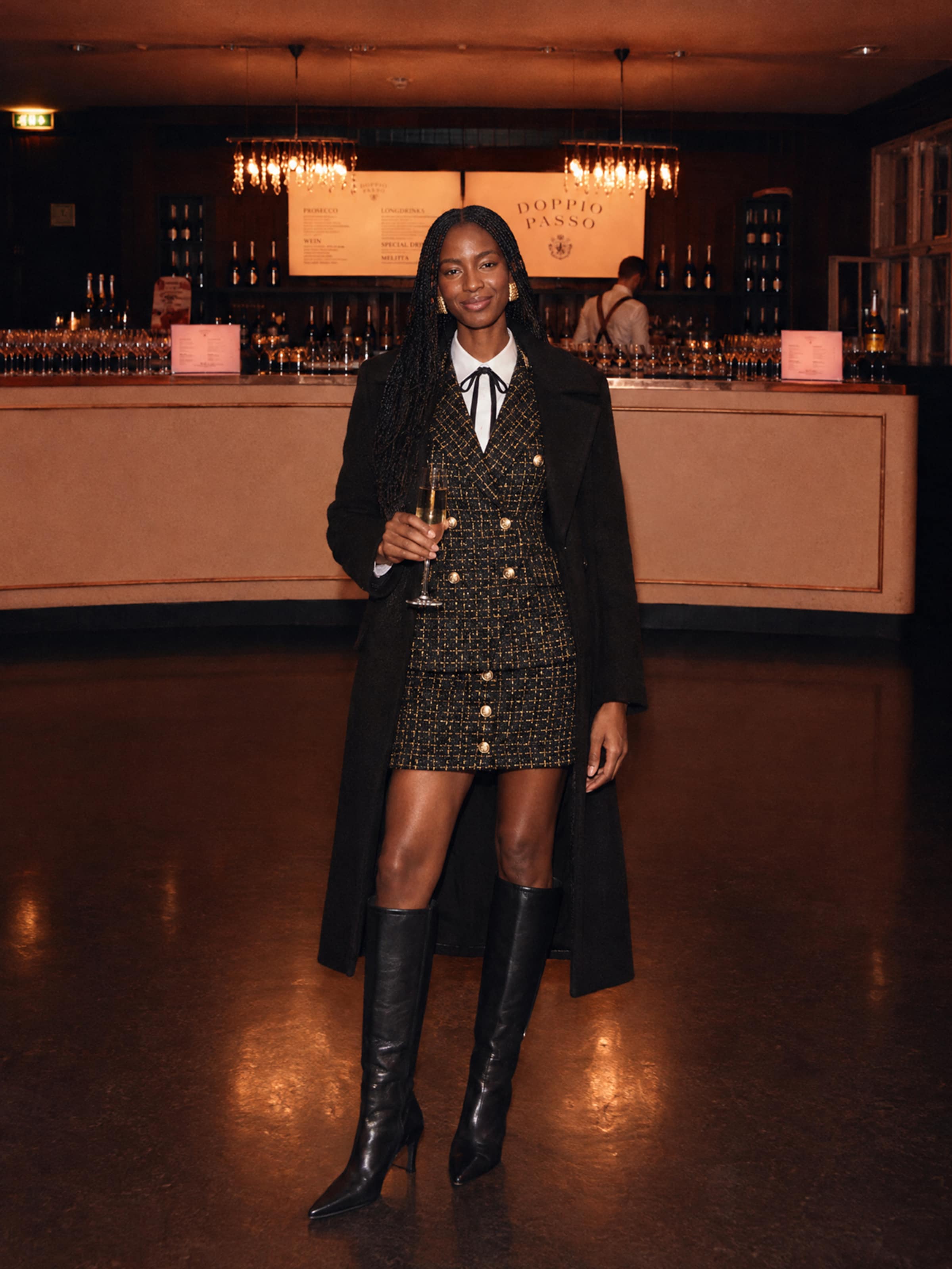 The AY FASHION Show Womenswear - Noir Coat Over Tweed Dress Look