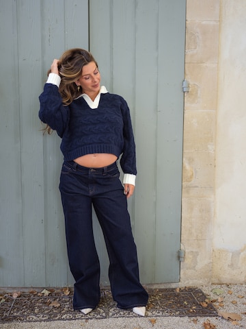 Navy Blue Knit Sweater And Denim Look