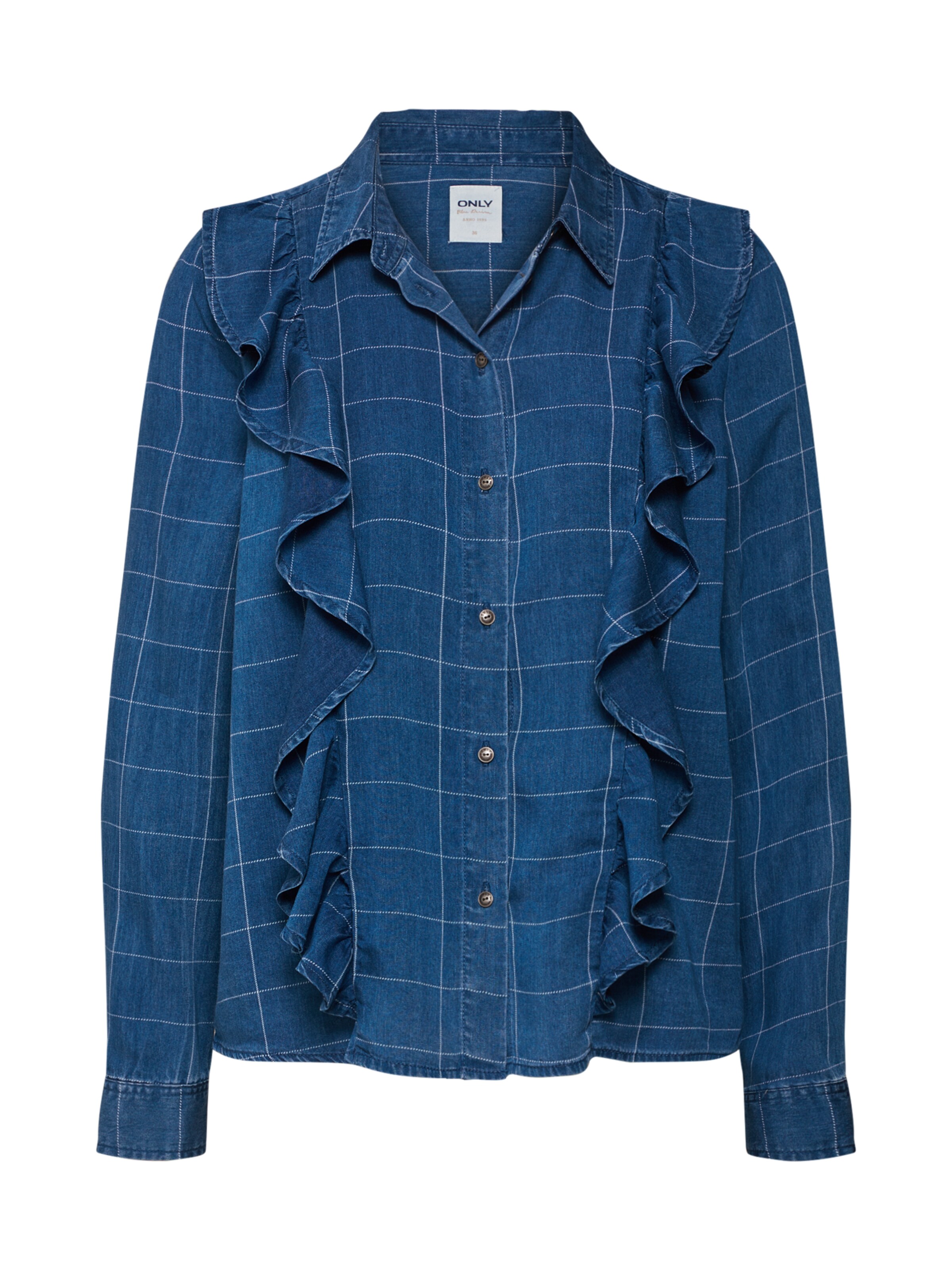 ONLY - Hemdbluse 'onlIZZY L/S CHECK FRILL SHIRT DNM' in blau