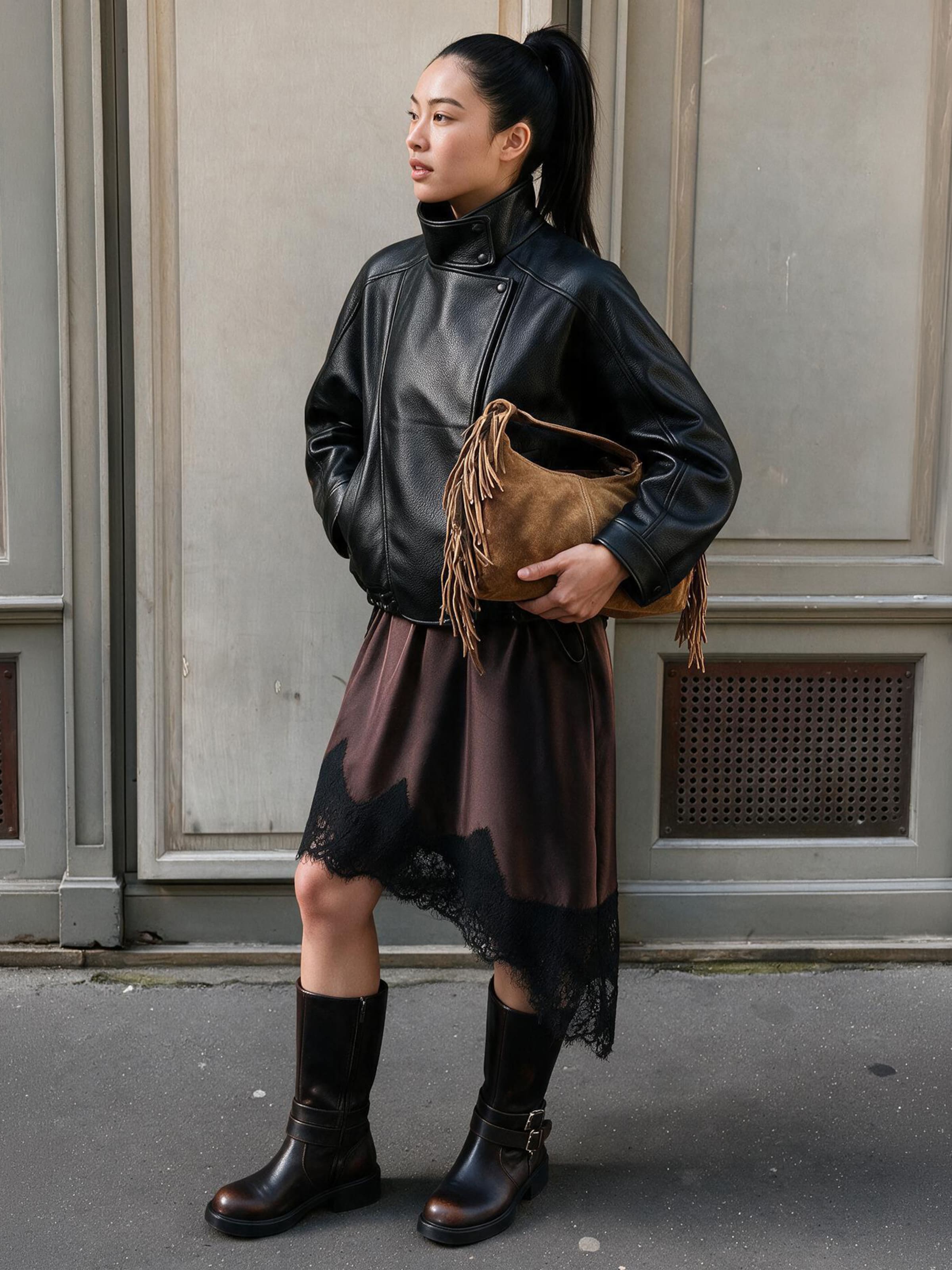 The AY Style Collective - Black Leather Funnel-Neck Jacket Look
