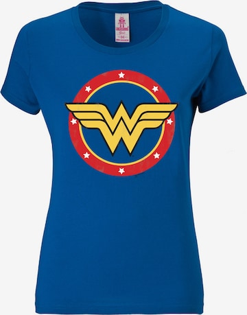 LOGOSHIRT Shirt 'Wonder Woman - Logo Circle' in Blauw: voorkant