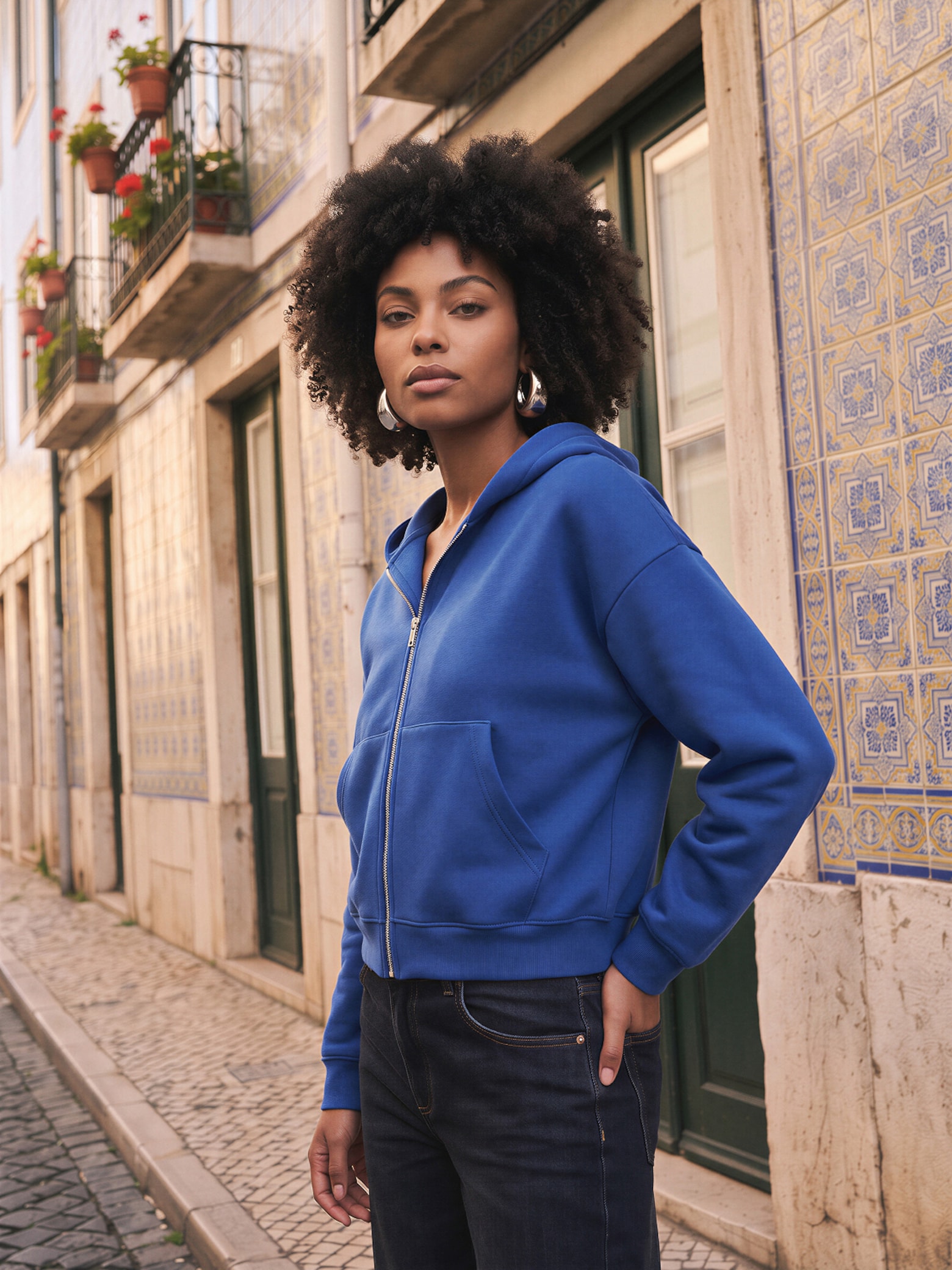 The AY Style Collective - Blue Sweat Jacket And Barrel Jeans