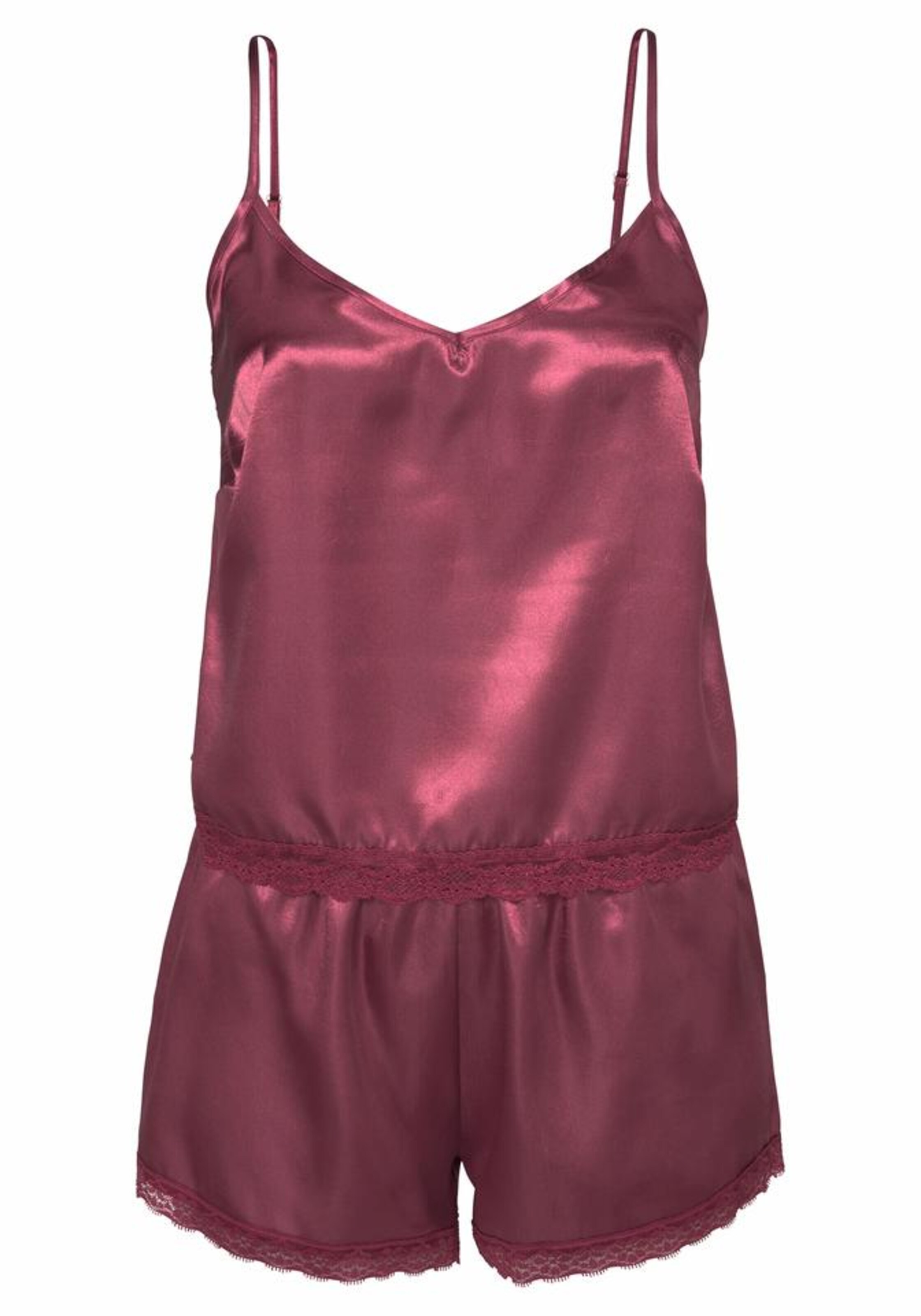 LASCANA - Satin-Shorty mit Spitzendestails an Crop Top und Shorts in weinrot