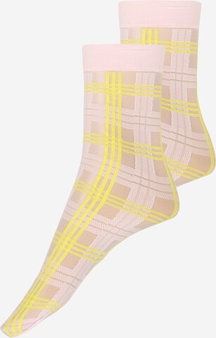 Swedish Stockings Zokni 'Greta Tartan Socks Light Pink/Neon Yellow' - sárga: elől
