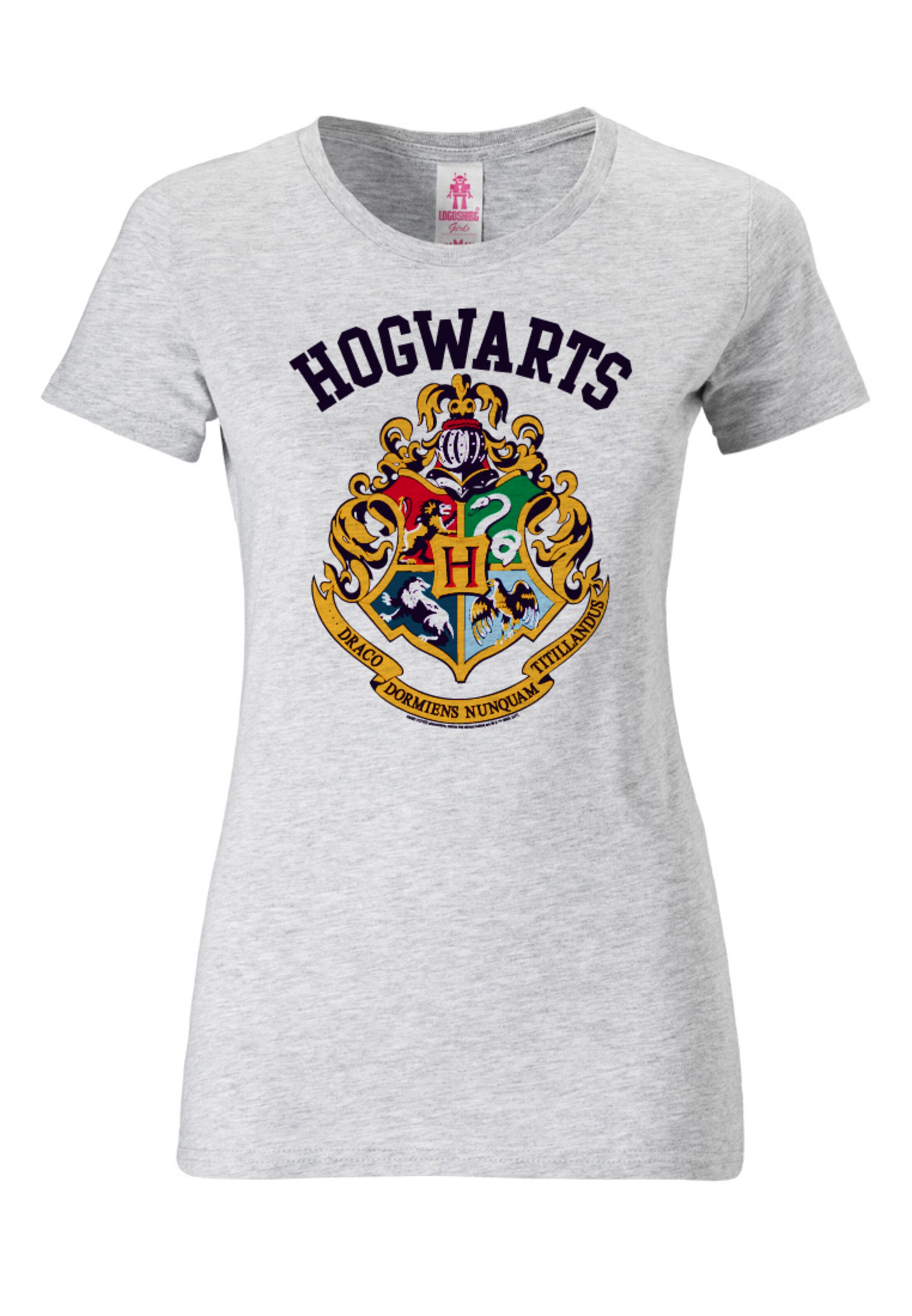 LOGOSHIRT Shirt 'Hogwarts' in Grey: front