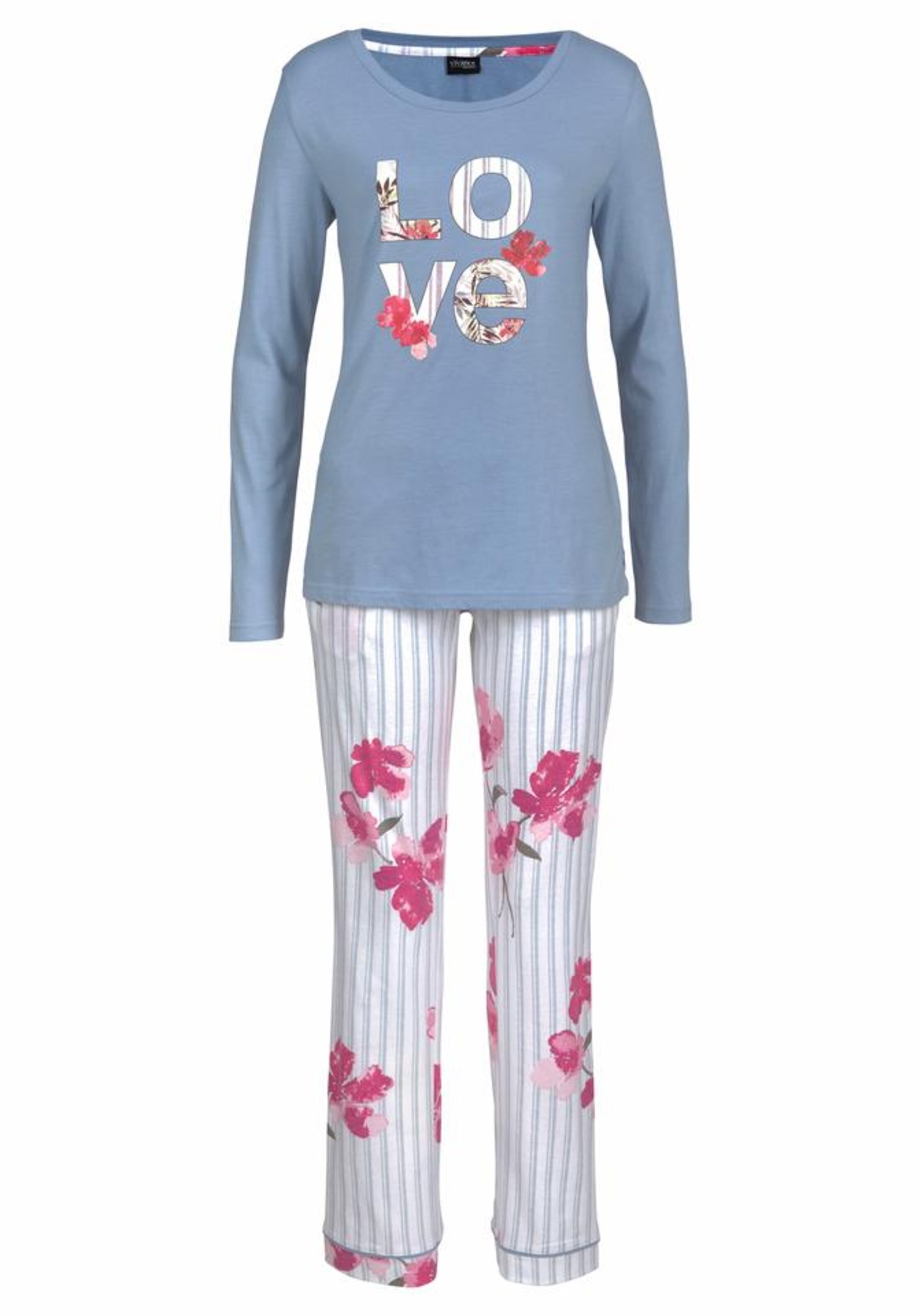 VIVANCE - Dreams Pyjama klassisch gestreift mit Blumenprint in blaumeliert