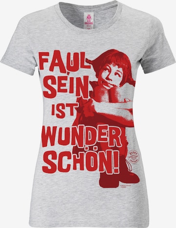 LOGOSHIRT T-Shirt mit 'Faul sein ist wunderschön'-Print in Grau: predná strana