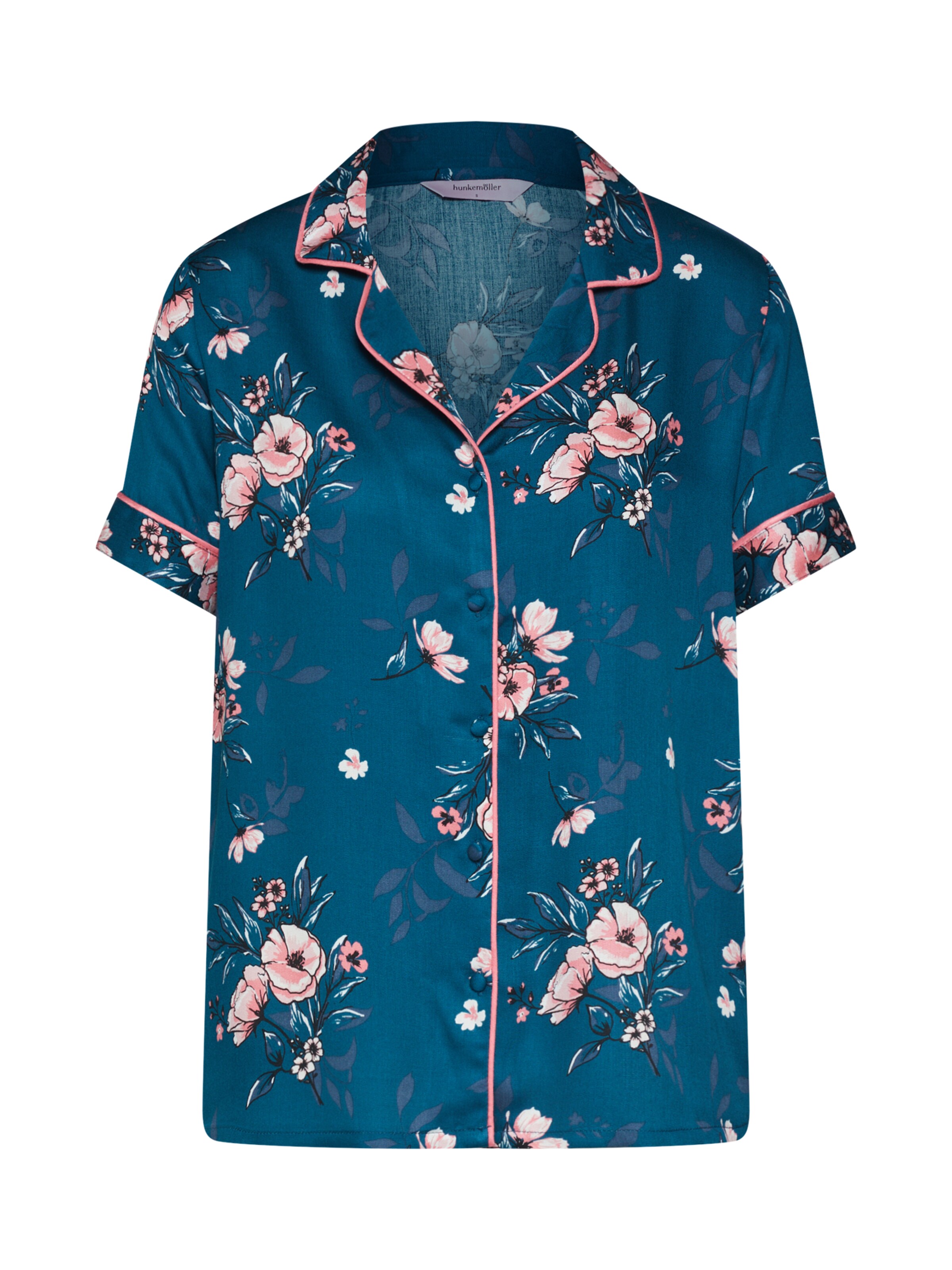 Hunkemöller - Slaapshirt 'Jacket SS Woven Rose' in de kleur Blauw
