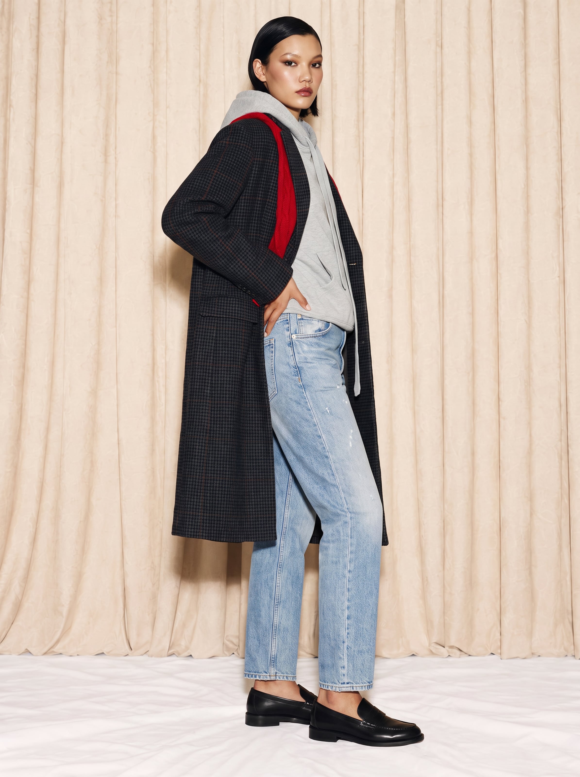 The AY FASHION Show Womenswear - Wool Coat And Ribbon Hoodie Look by LEVI'S