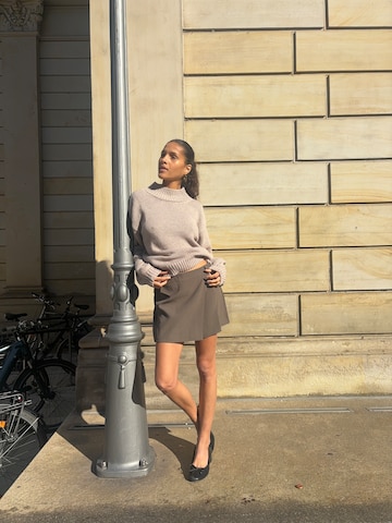 Beige Knit Sweater And Skirt Look