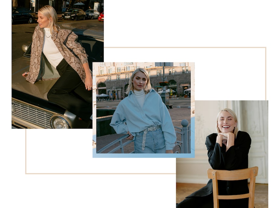 Style Geheimnis Outfits | ABOUT YOU Outfit Collage aus silberner Strickjacke, weiße Hose, Pumps