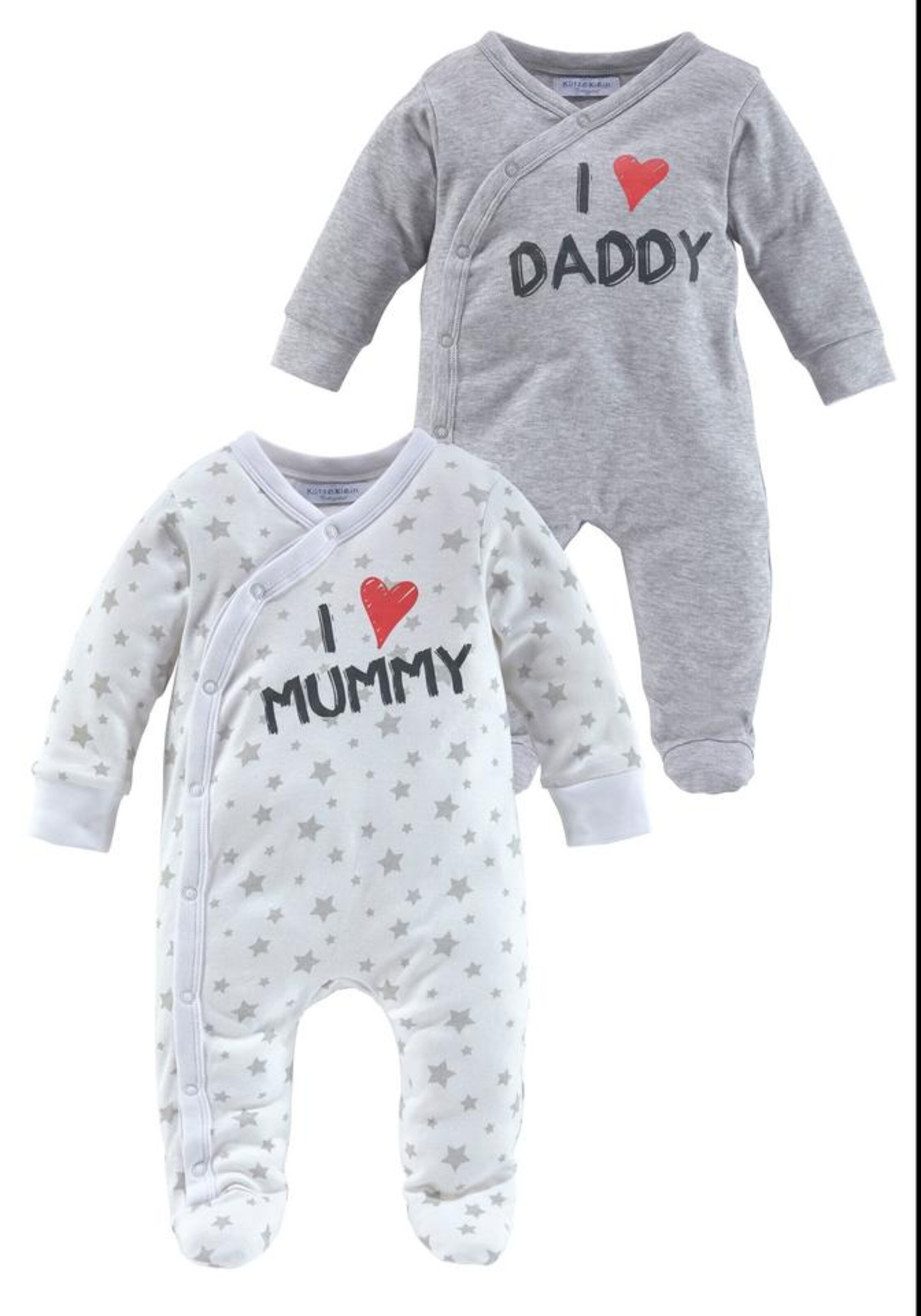 KLITZEKLEIN Schlafanzug 'I love Mummy / I love Daddy, Druck' in Grau: Vorderseite