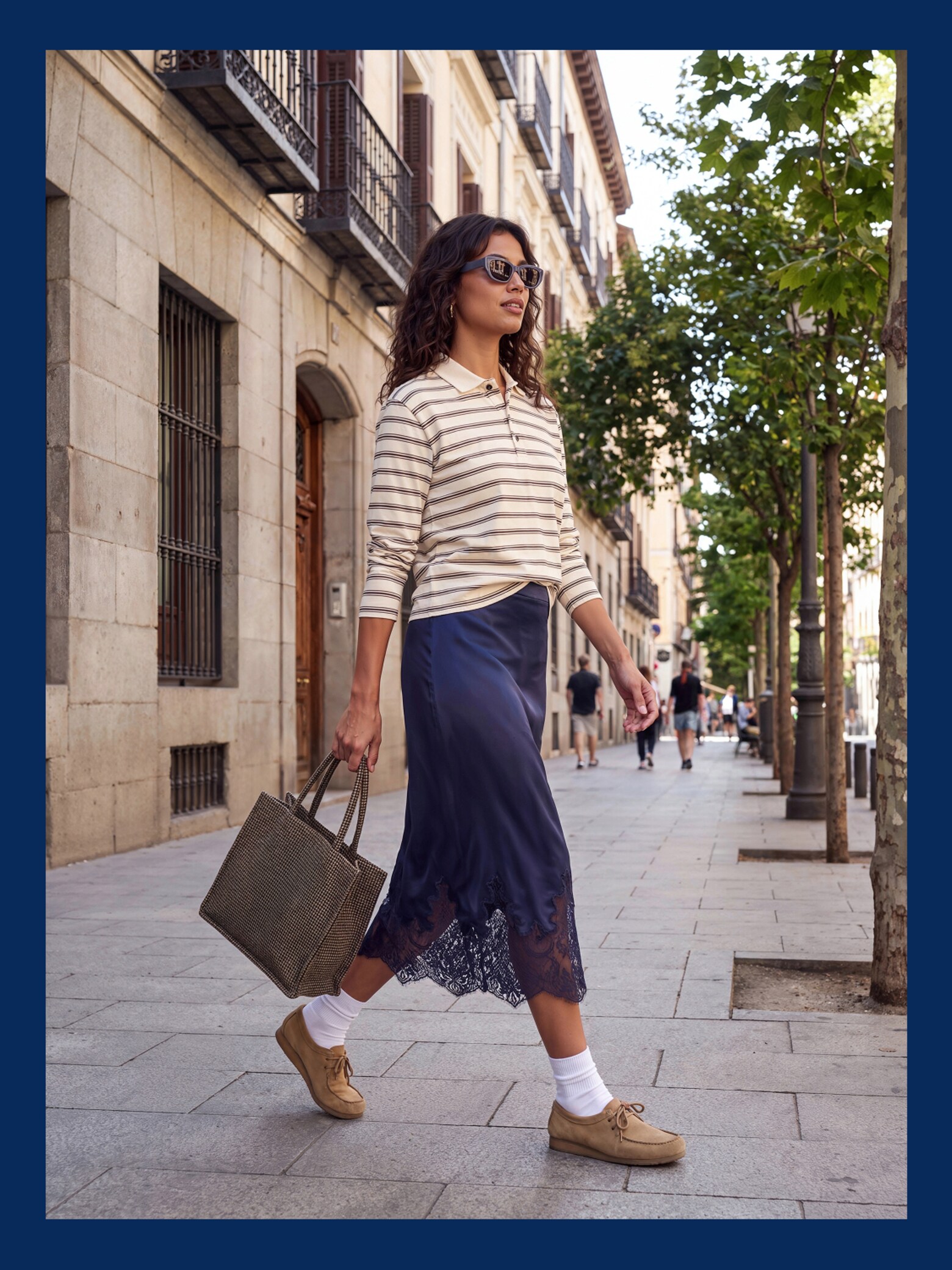 The AY Style Collective - Striped Polo & Navy Lace Skirt Look