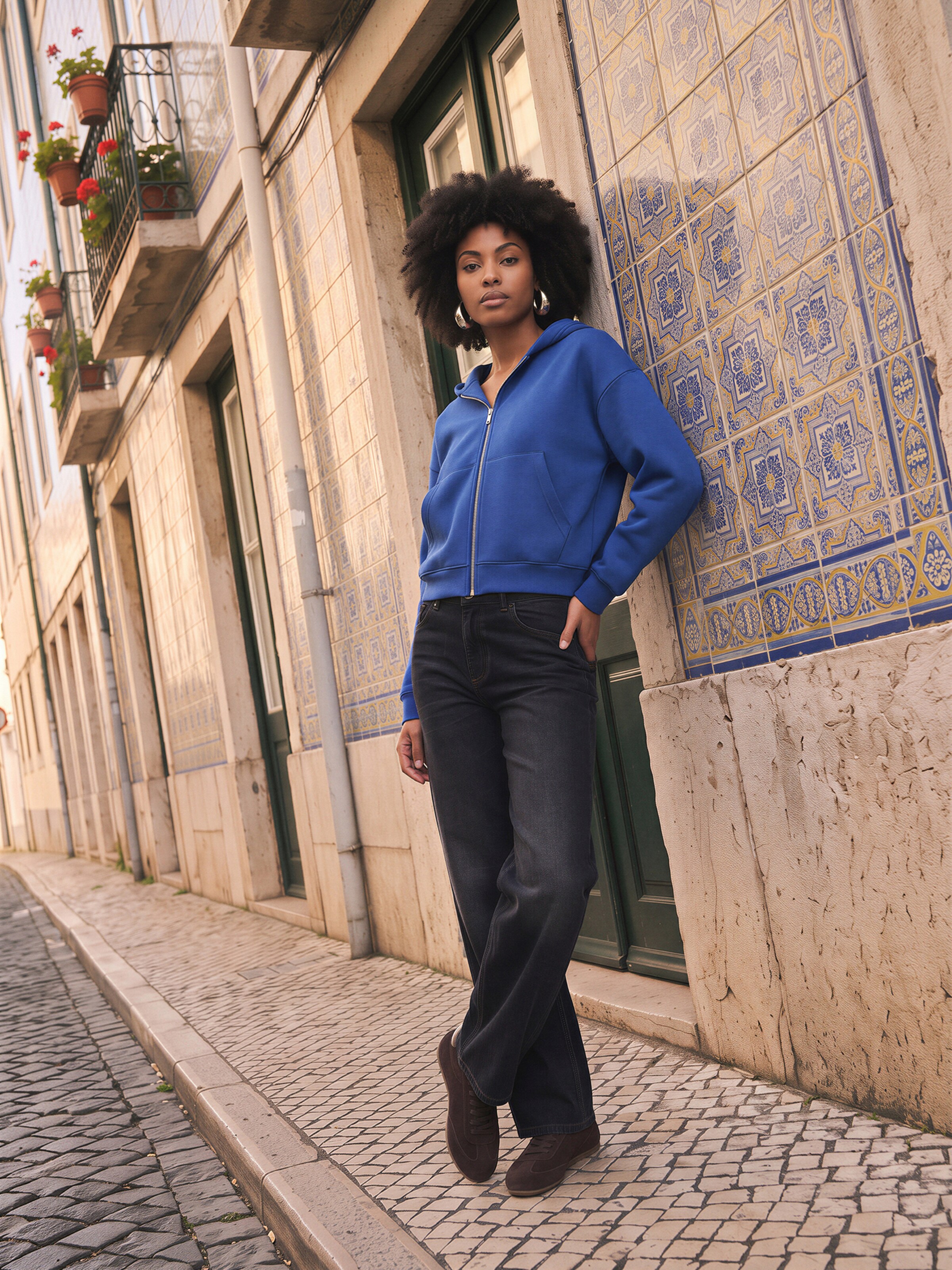 The AY Style Collective - Blue Sweat Jacket And Barrel Jeans