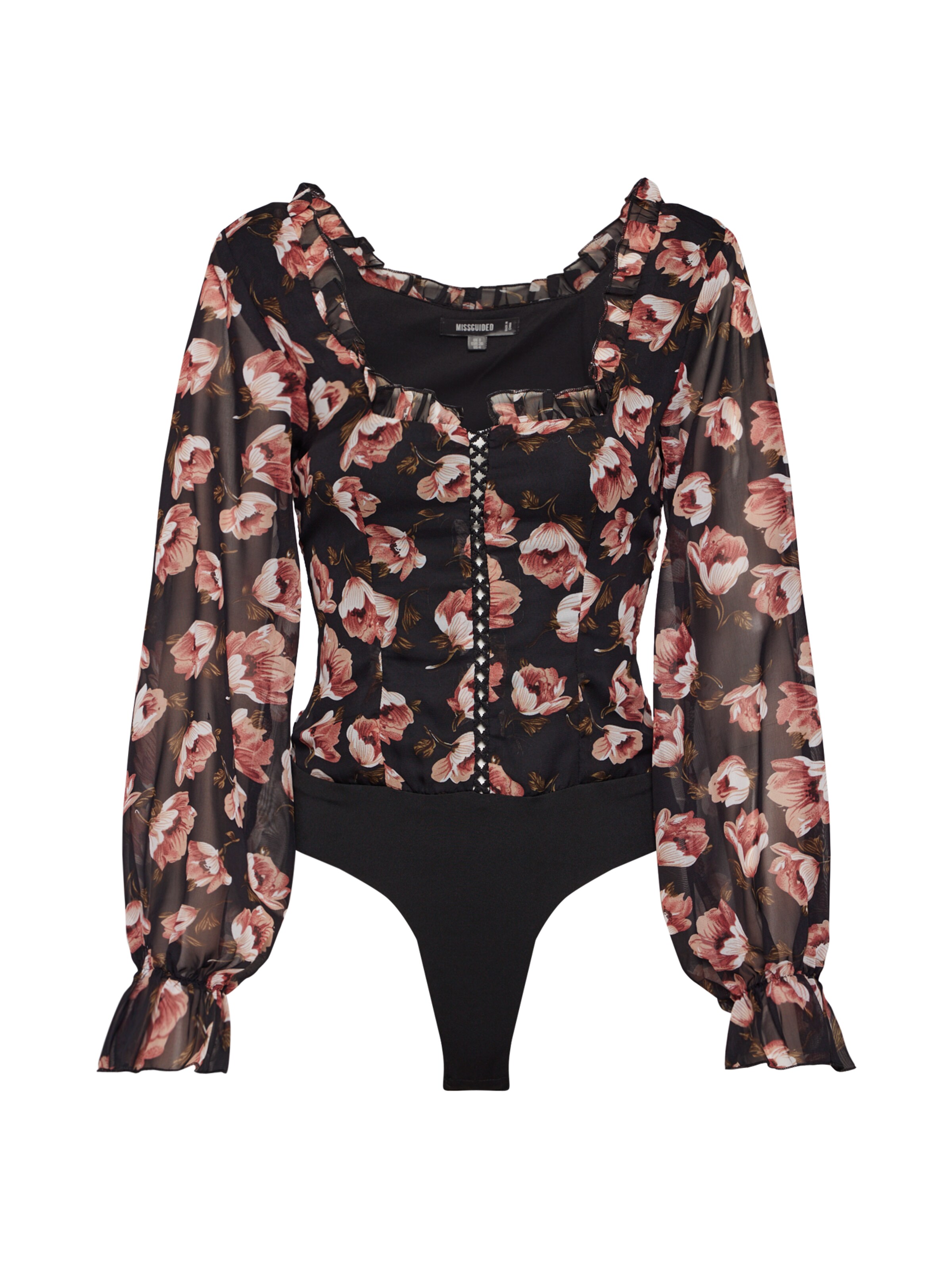 Missguided - Shirt 'Floral Square Neck Puff Sleeved Bodysuit' in de kleur Zwart