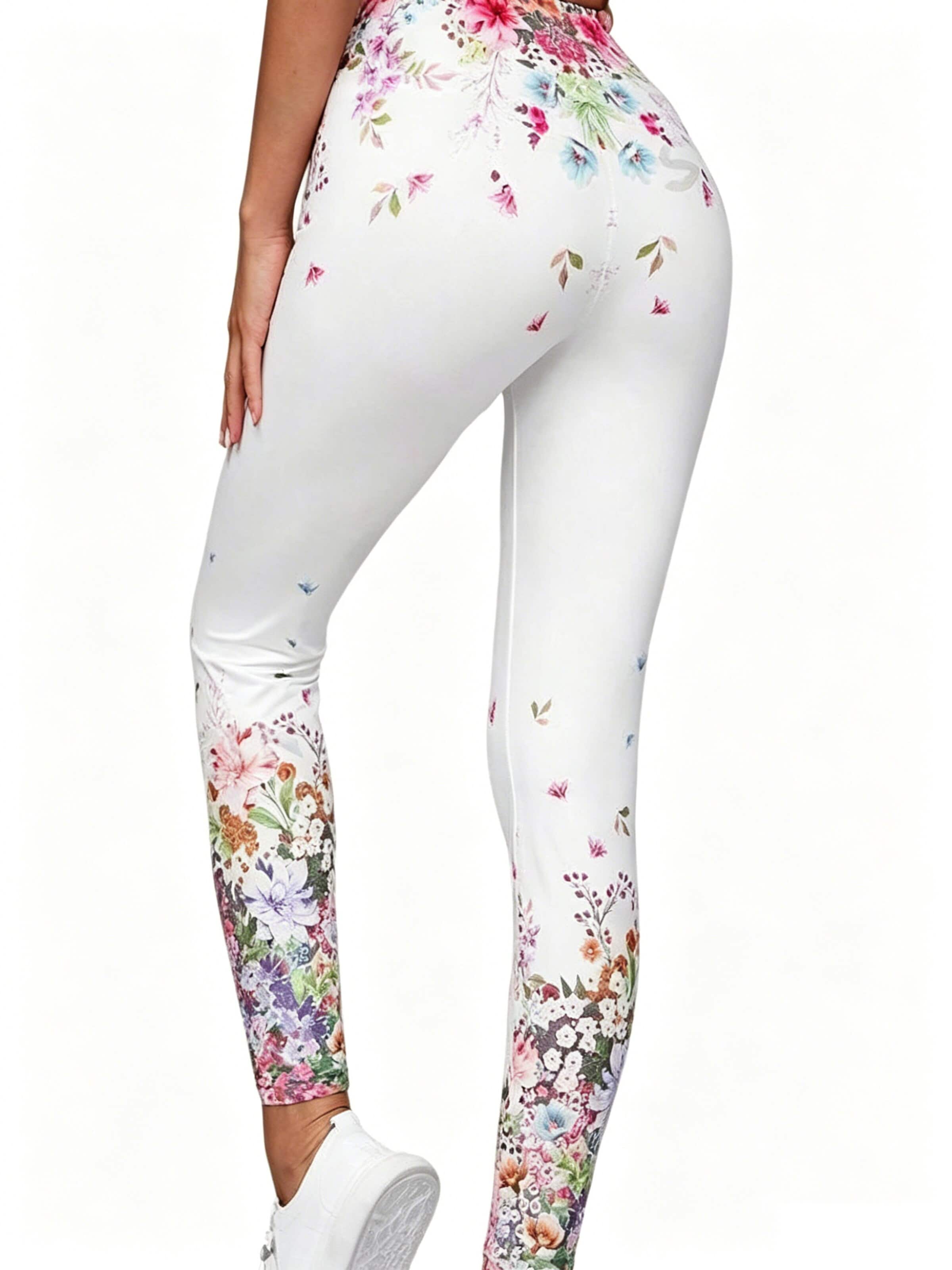 KoJooin Normalny krój Spodnie ludowe 'Damen High Waist Leggings Rundum Floraler Musterprint Stretch Figurbetonte Freizeit Sport Hose' w kolorze biały