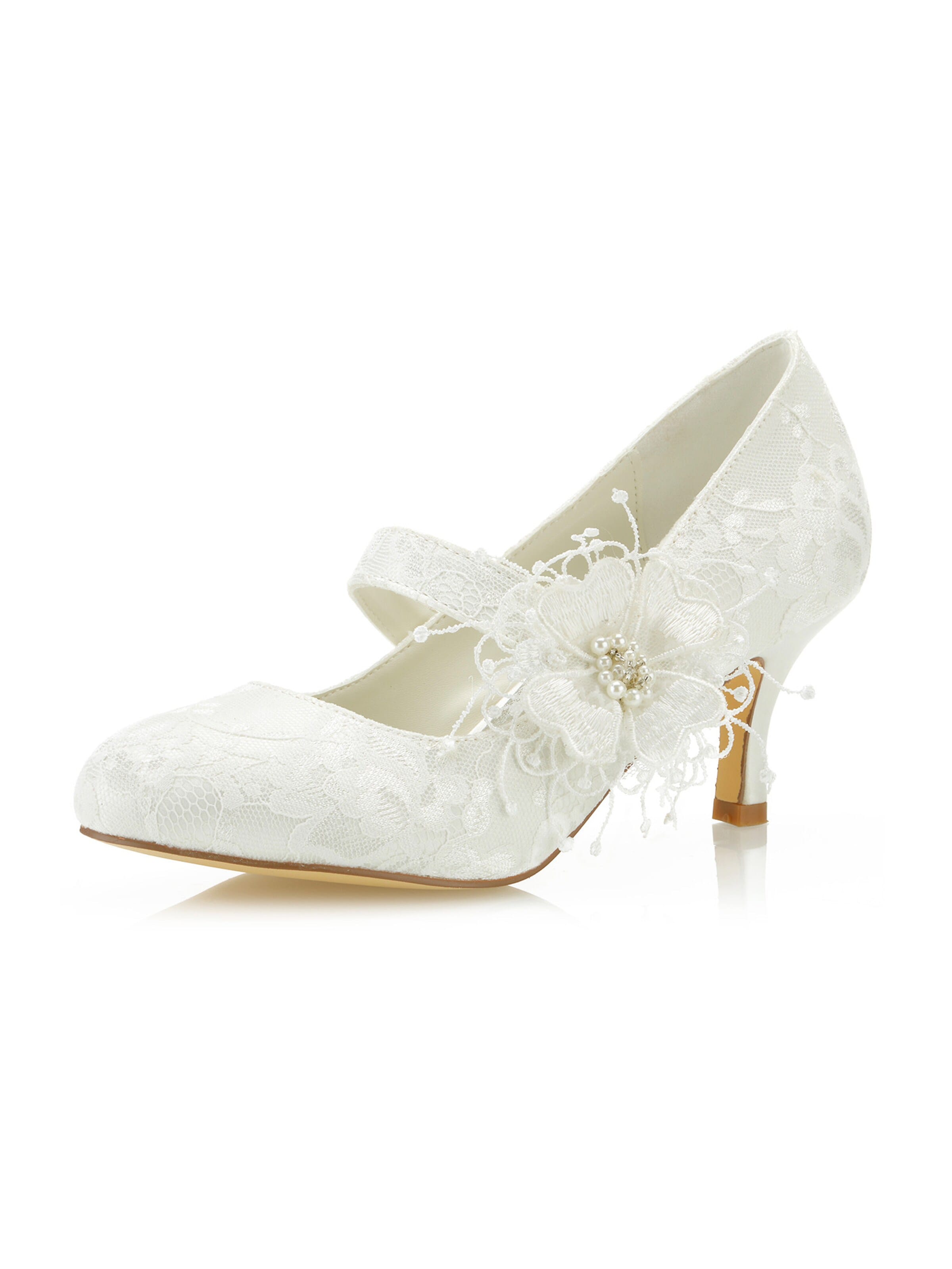 jiajia Pumps '58644-9B Lace Mary Jane Mid Heel Bridal Shoes with 3D Floral Pearl Detail' in Beige: front