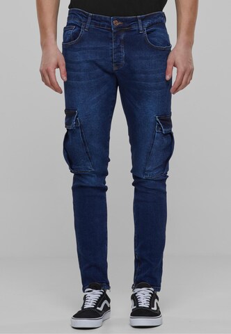 2Y Premium Skinny Cargojeans in Blauw: voorkant