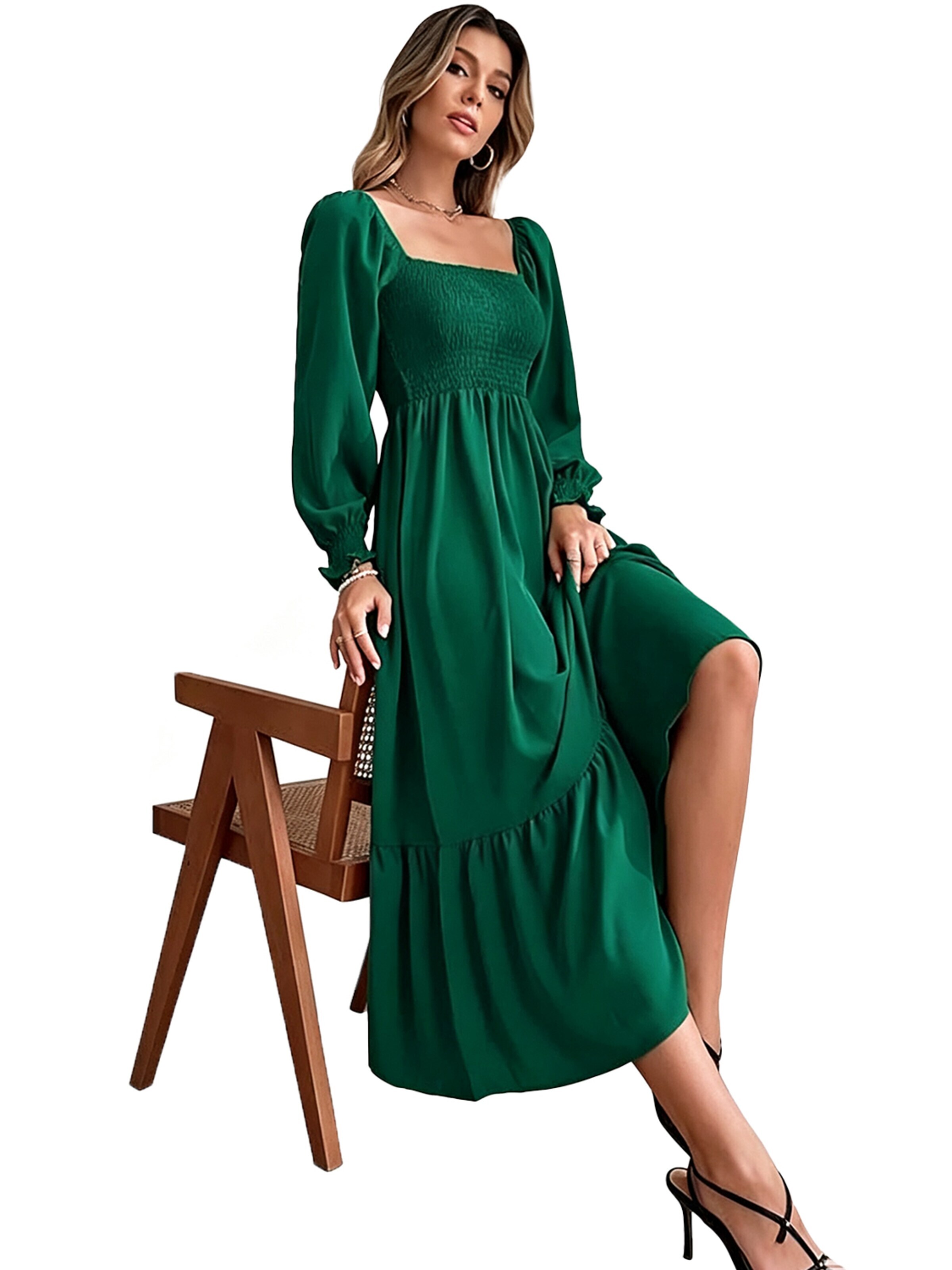 KoJooin Dress 'Damen Enganliegendes Kleid mit Quadrat-Ausschnitt – Langarm, Hohe Taille und Verspielten Rüschen' in Green