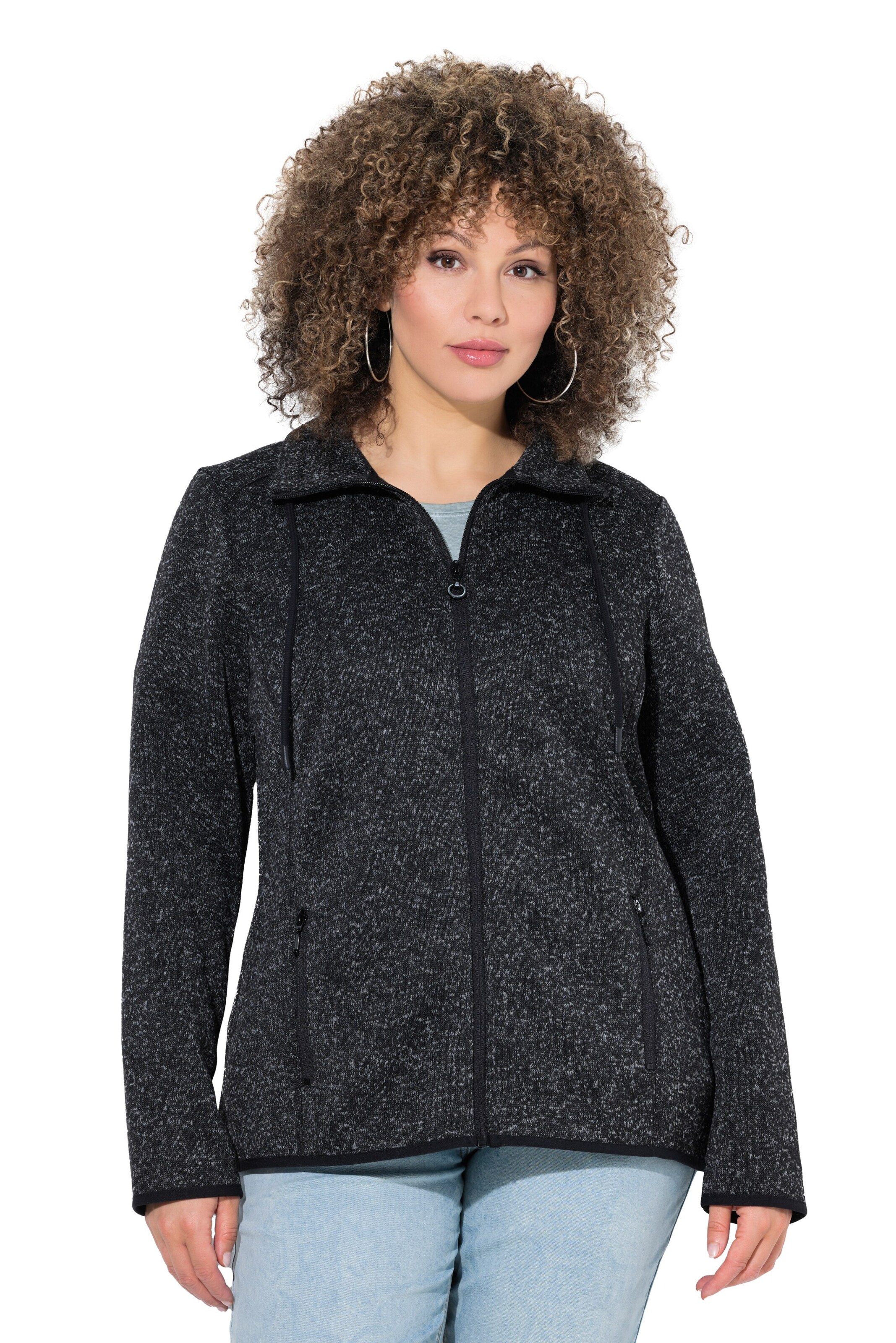 Ulla Popken Fleece Jacket in Black: front