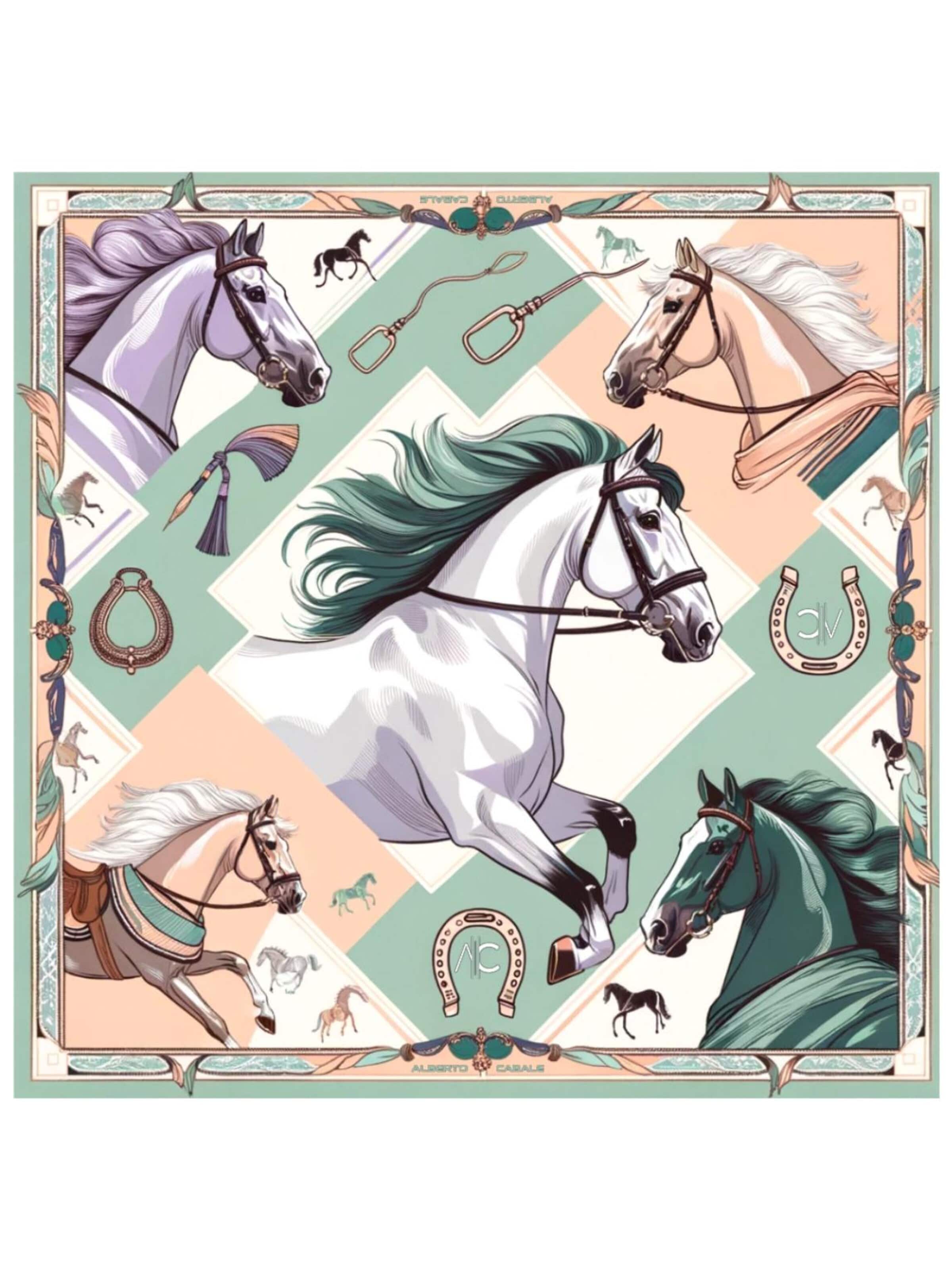 alberto cabale - Chal 'Petit carré de soie Spring Horse Cléo' en verde: frente
