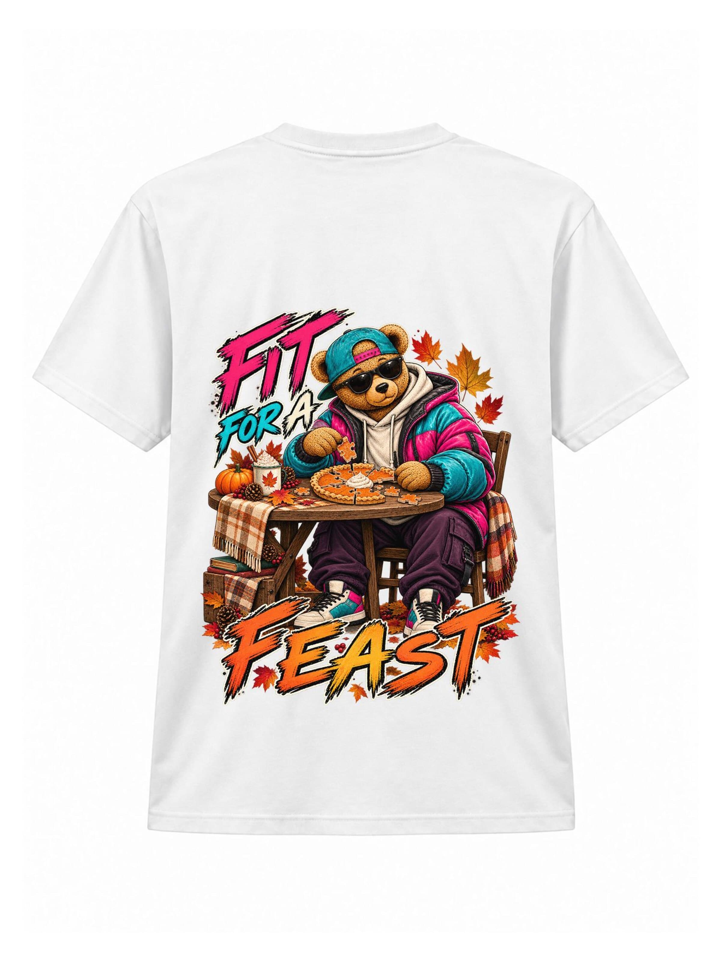 LUNØIR Studio Póló 'TEDDY Thanksgiving Feast Puzzle' - fehér: elől