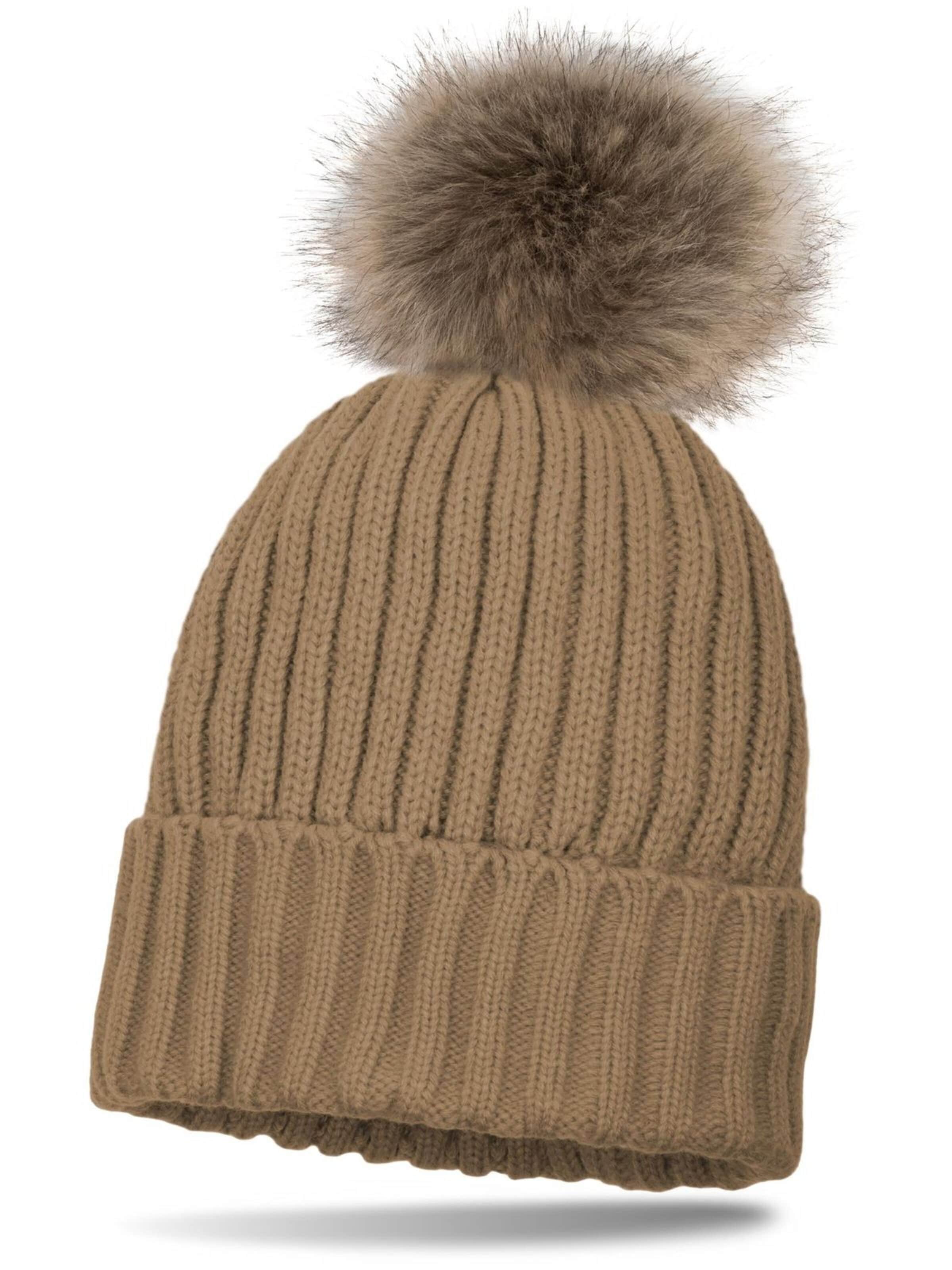styleBREAKER Mütze 'Gefütterte Strick Bommelmütze'‌‌‌‌‌‌‌ in Beige: Vorderseite