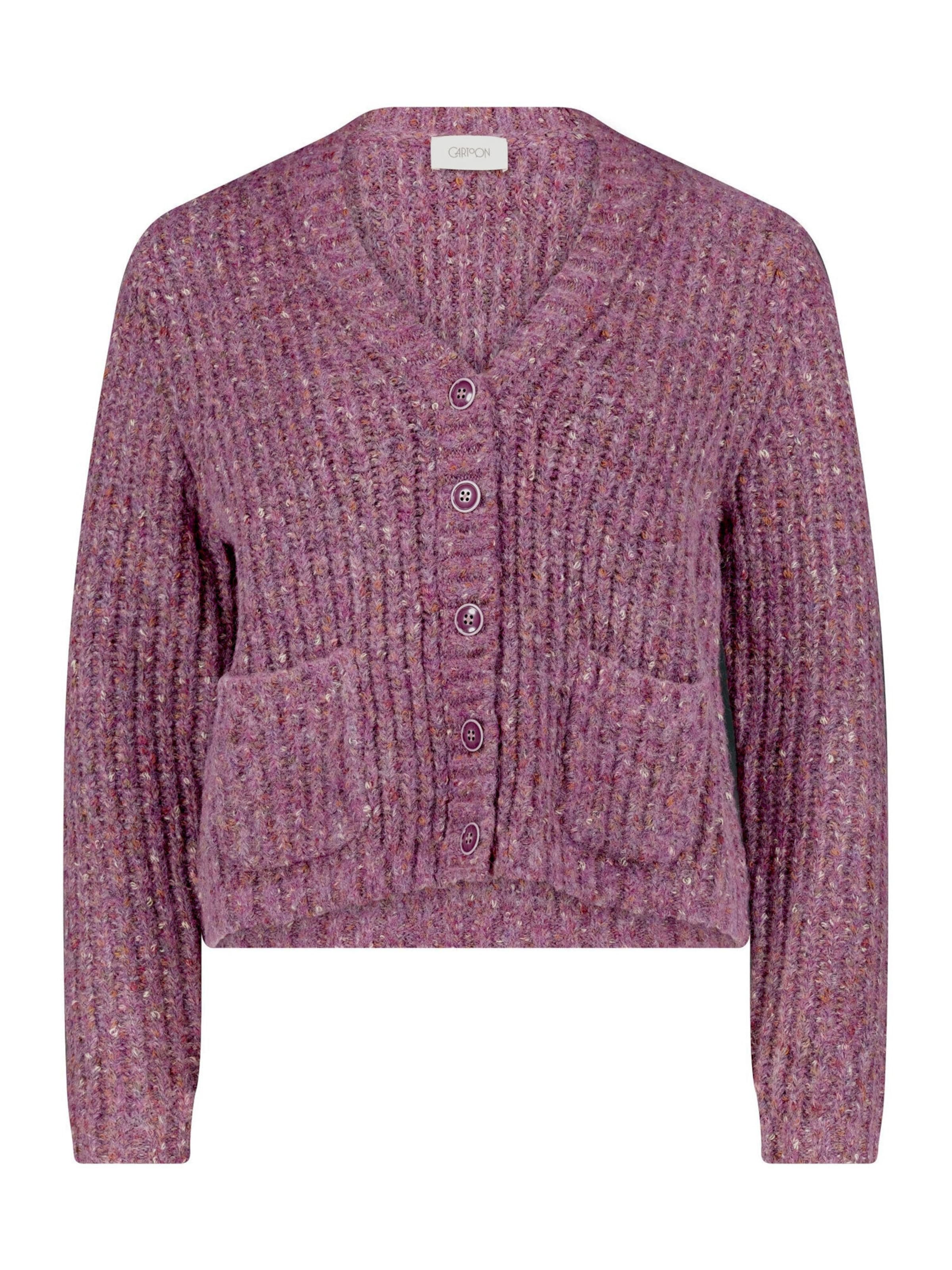 Cartoon Strick-Cardigan mit V-Ausschnitt in Lila: Vorderseite