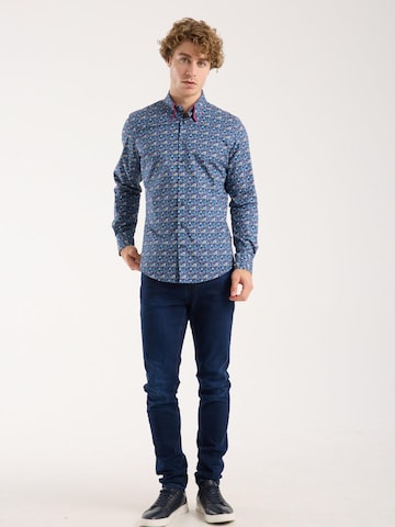 7Camicie Slim fit Zakelijk overhemd 'Sport Poplin Stretch Man Shirt Blue Yellow' in Blauw