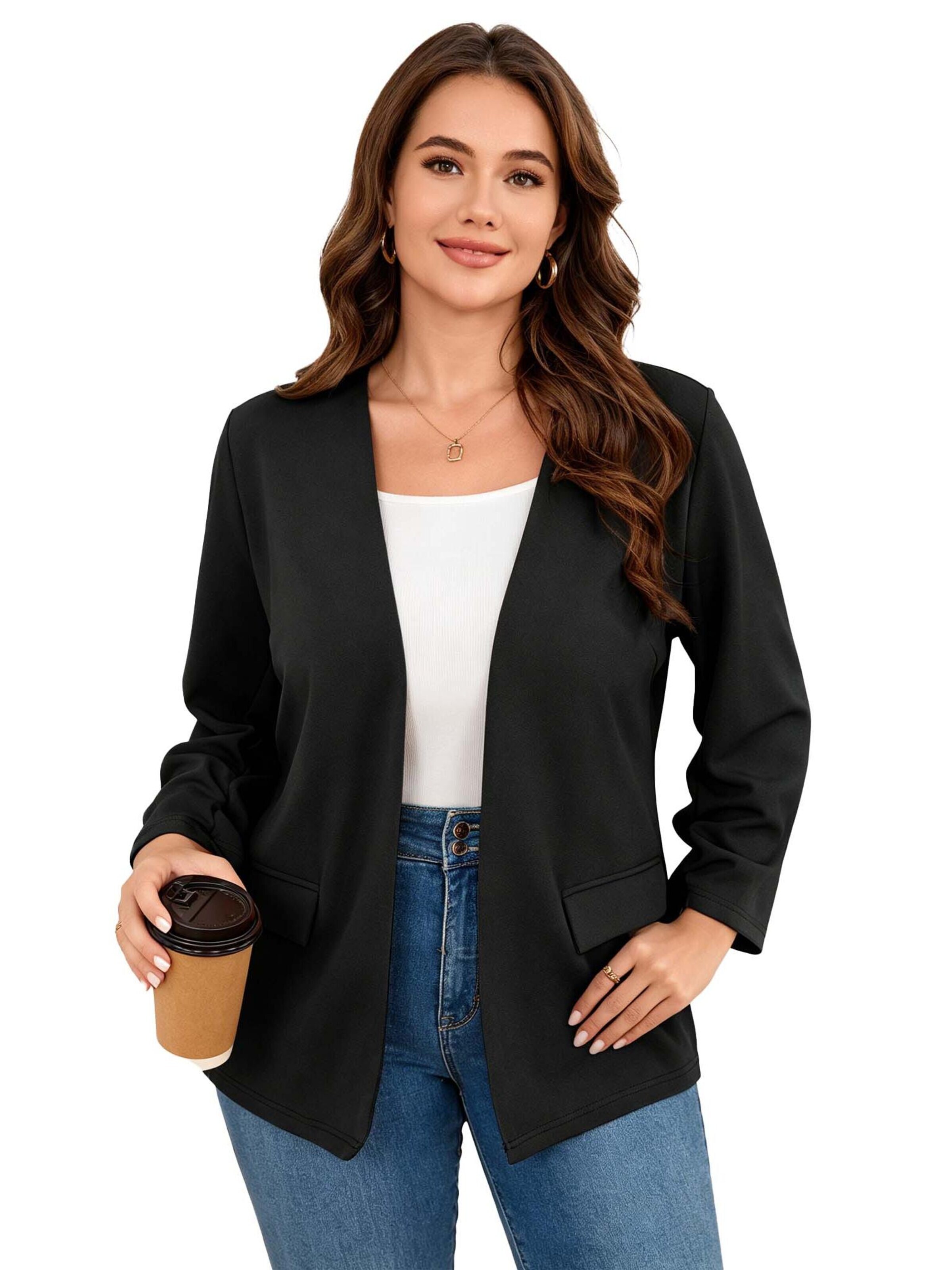 KoJooin Marynarka 'Blazer in Übergröße für Damen, lässig, fürs Büro, langärmelig, mit Knopfleiste und Taschen' w kolorze czarny