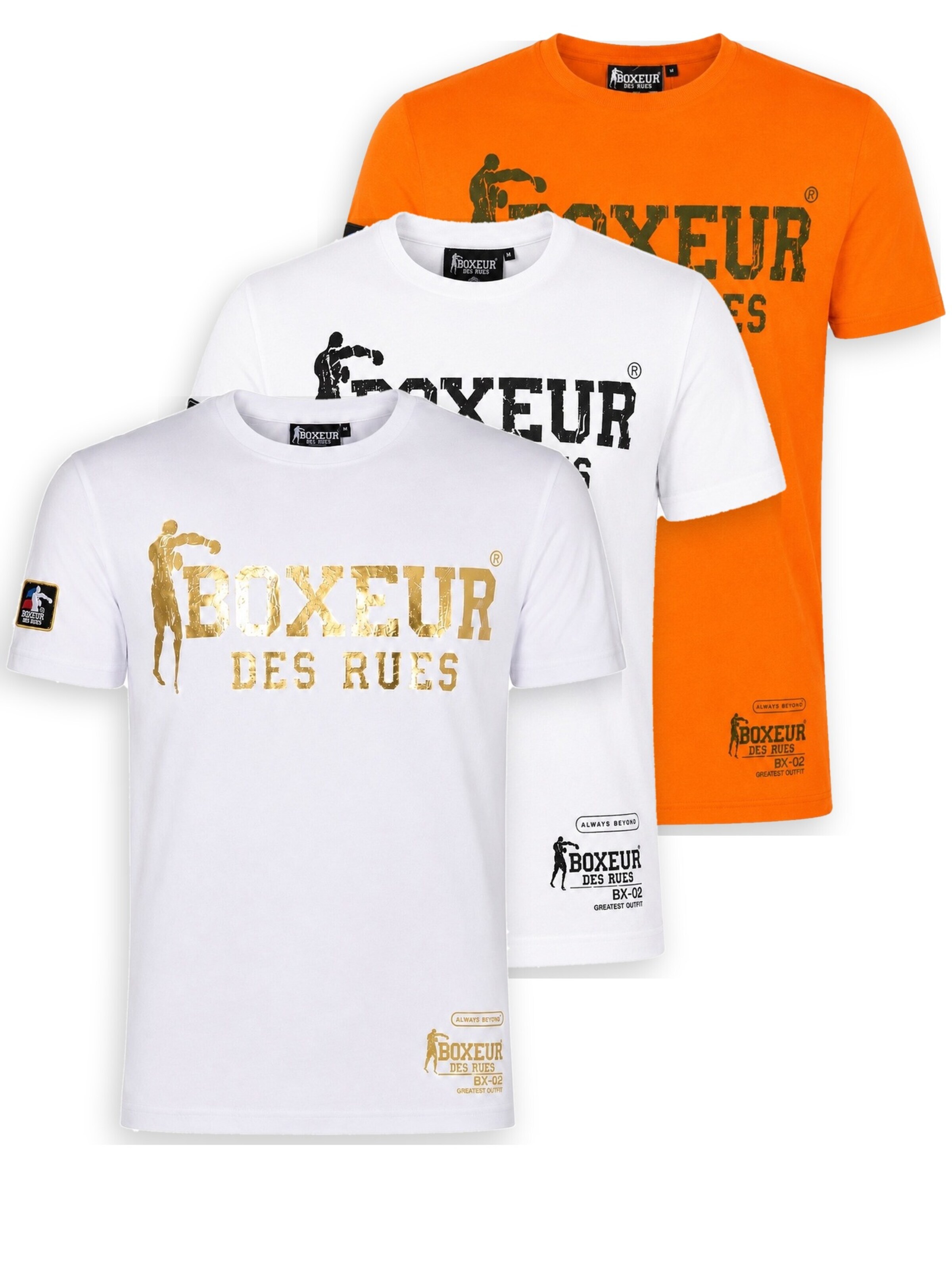 Boxeur des Rues Shirt 'Herren T-Shirt 3er-Pack Boxeur des Rues Slim Fit: Weiß, Goldenes Logo + Weiß, Schwarzes Logo + Intensives Orange' in Gemengde kleuren: voorkant