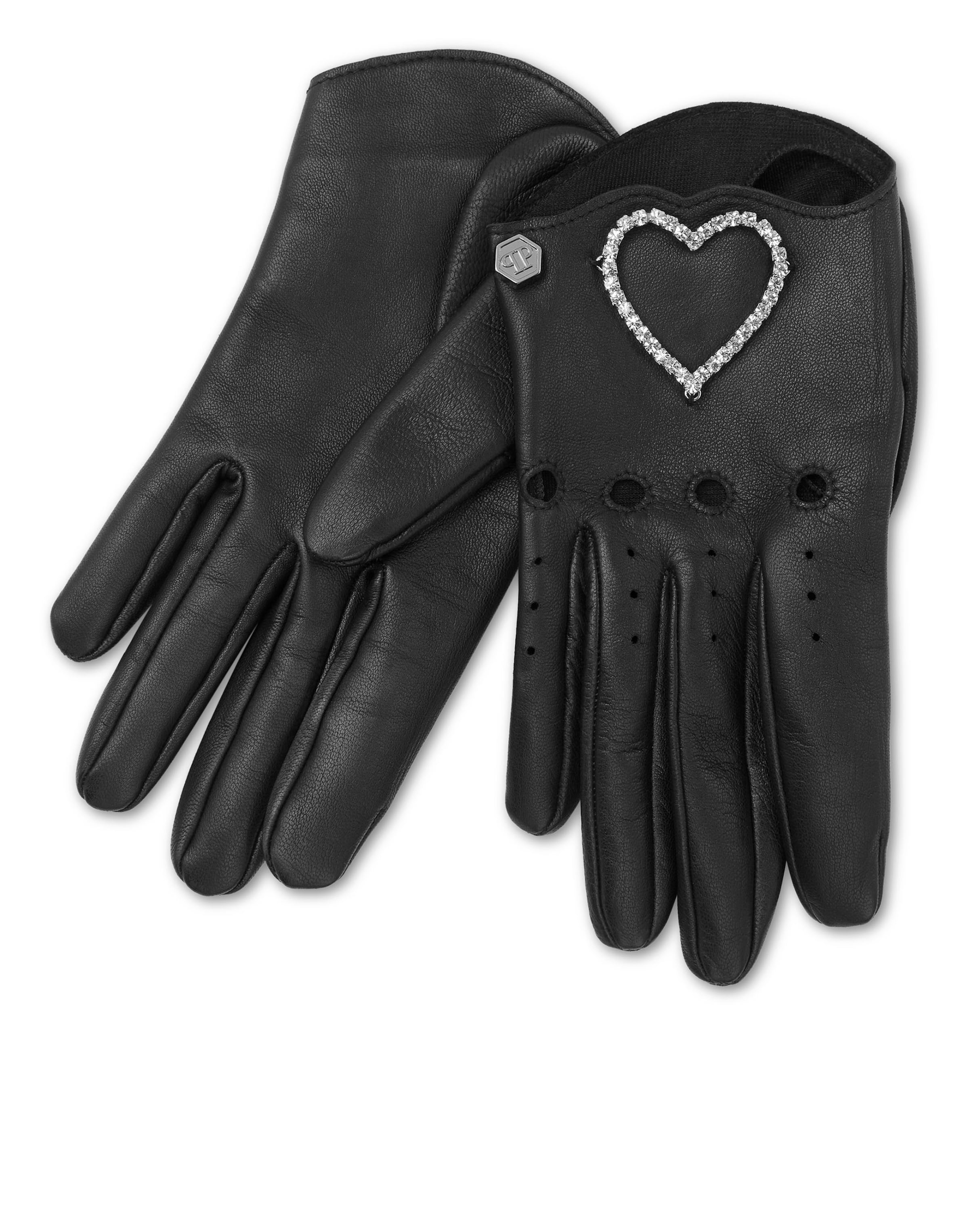 Philipp Plein - Guantes con dedos 'Heart' en negro: frente